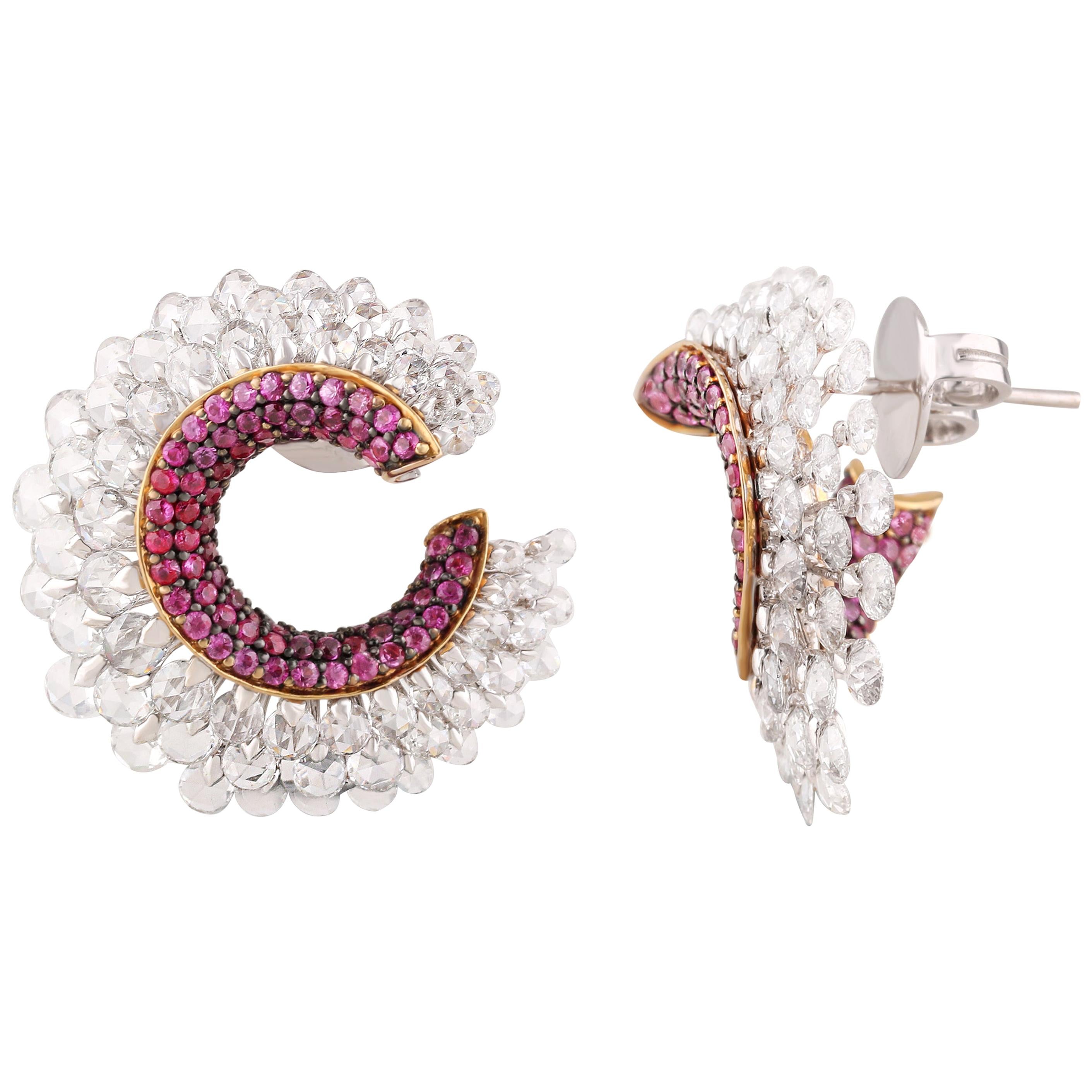 Studio Rêves Pink Sapphire and Rose Cut Diamond Stud Earrings in 18 Karat Gold For Sale