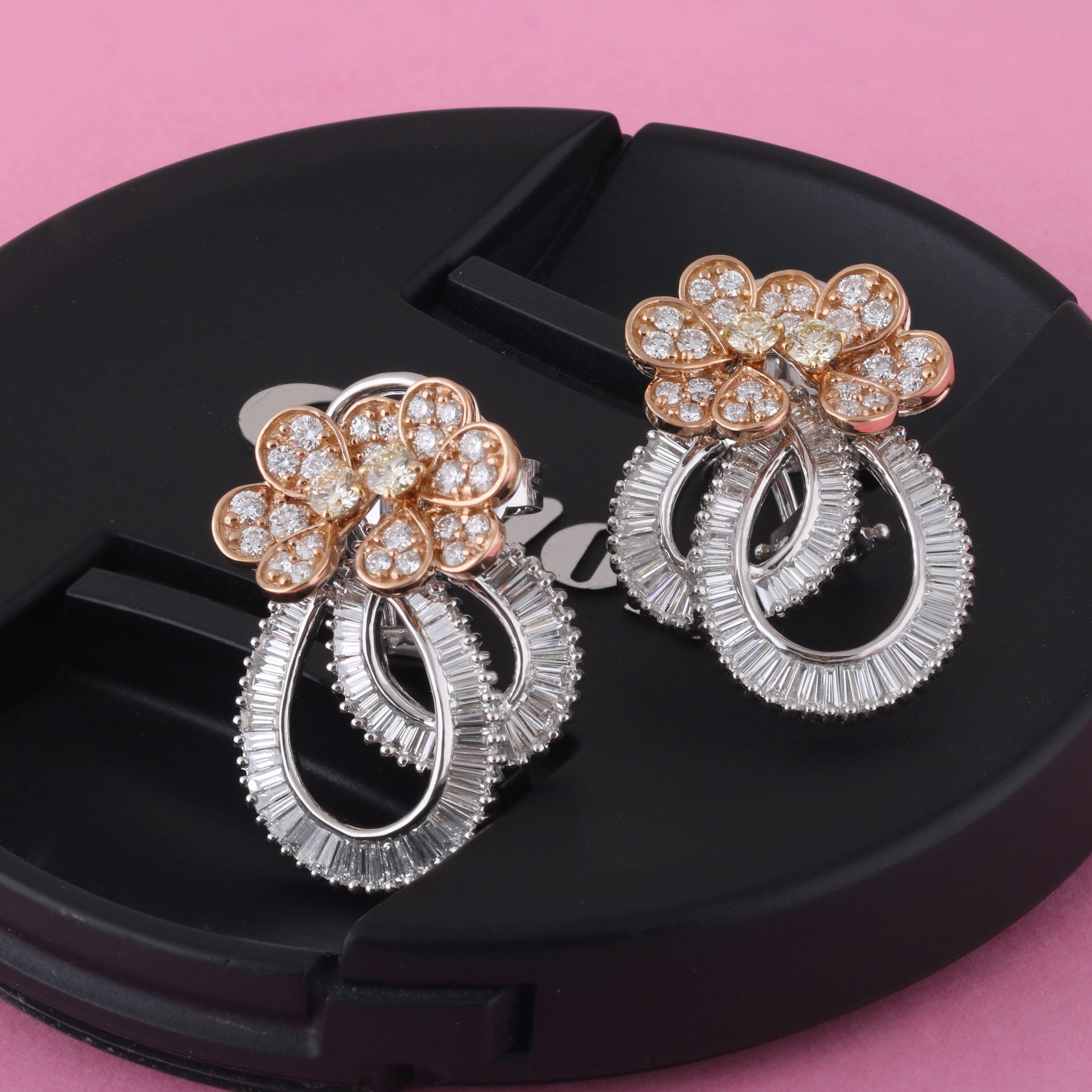 Baguette Cut Studio Rêves Ribbon Baguette and Orange Diamond Stud Earrings in 18 Karat Gold