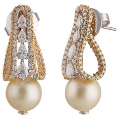 Studio Rêves Ribbon Fold Diamond and South Sea Pearls Stud Earrings in 18K Gold