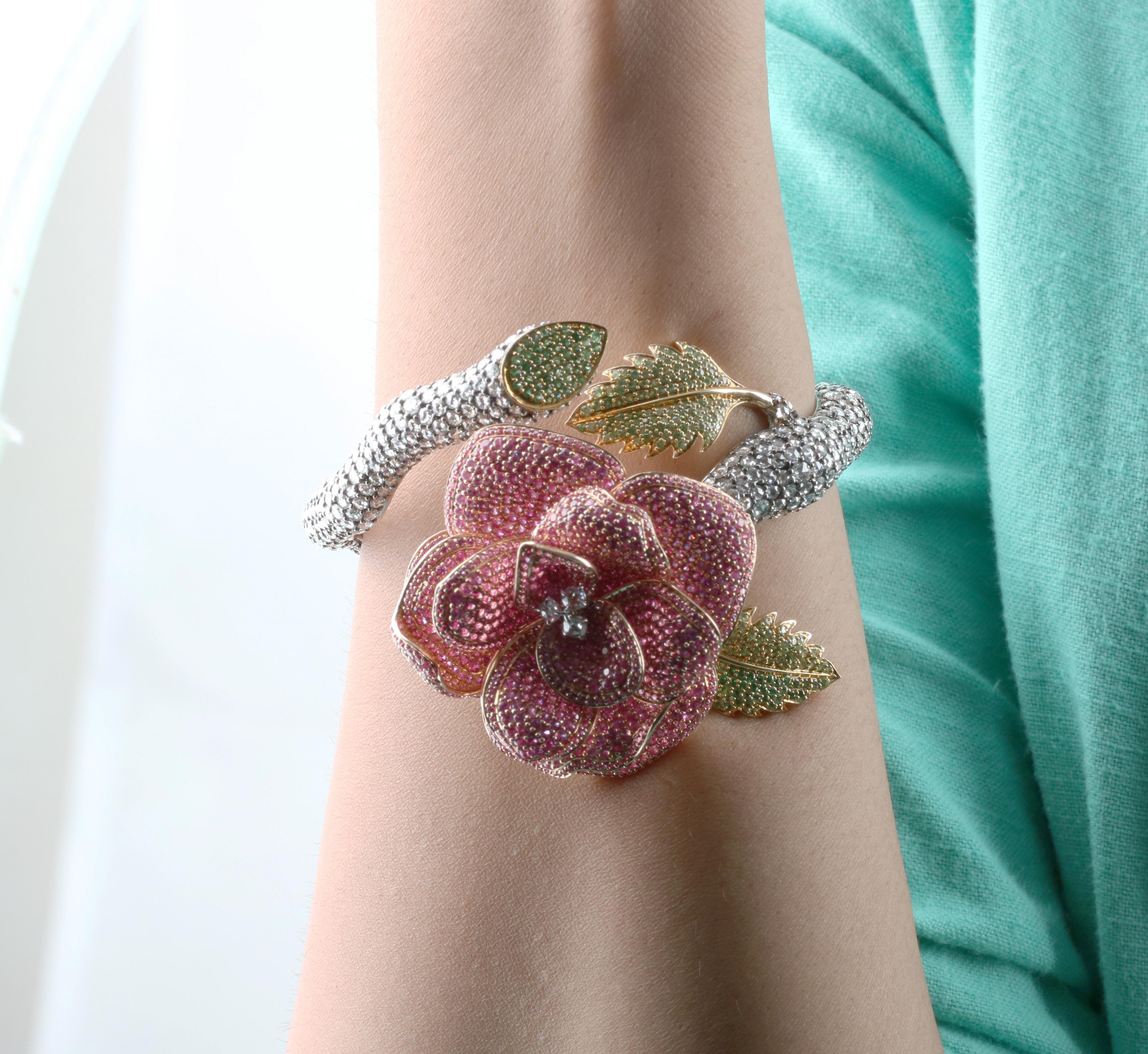 Contemporaneo Bracciale Studio Rêves Rose con diamante e zaffiro rosa in oro 18 kt. in vendita