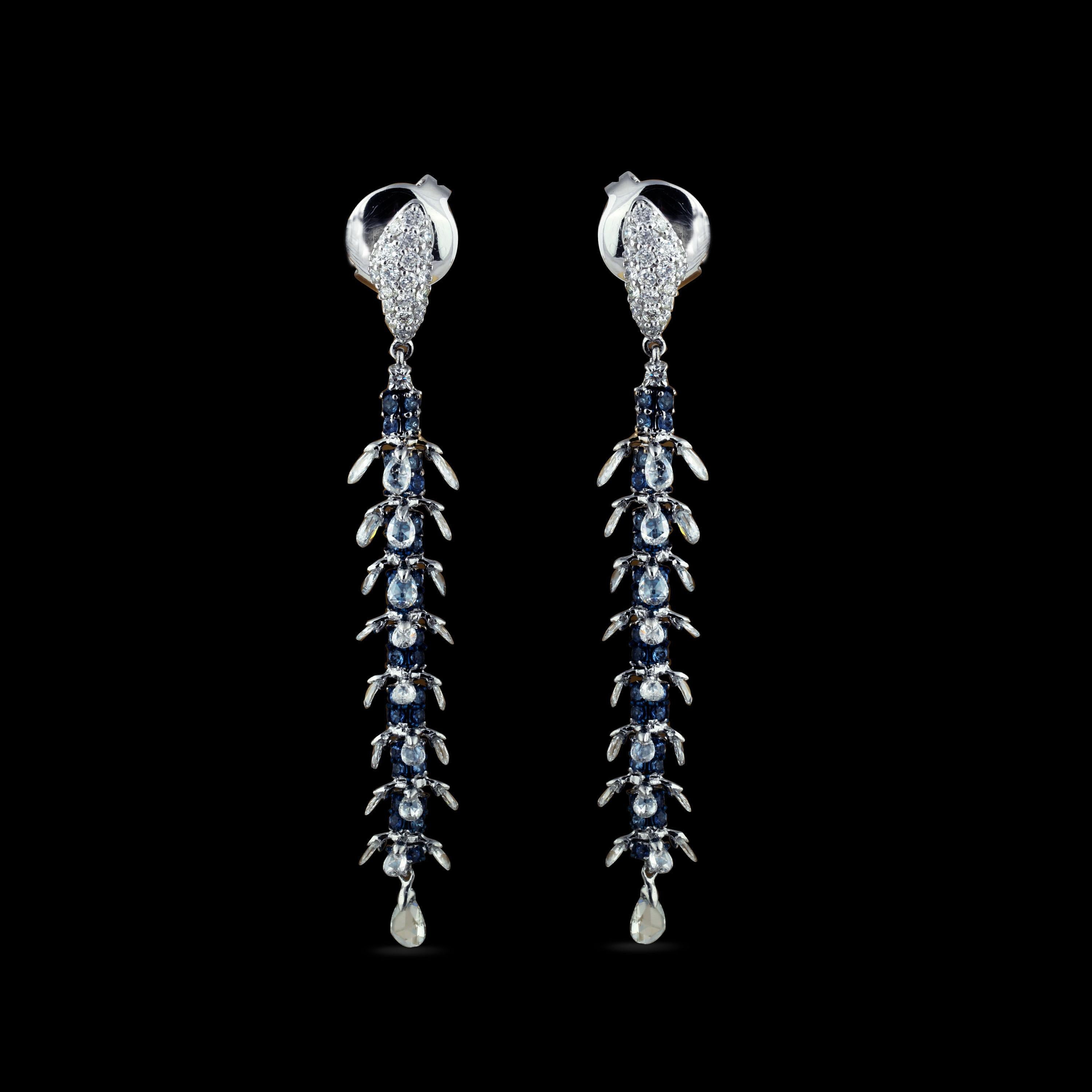 Studio Rêves Rose Cut and Blue Sapphire Dangling Earrings in 18 Karat Gold 1