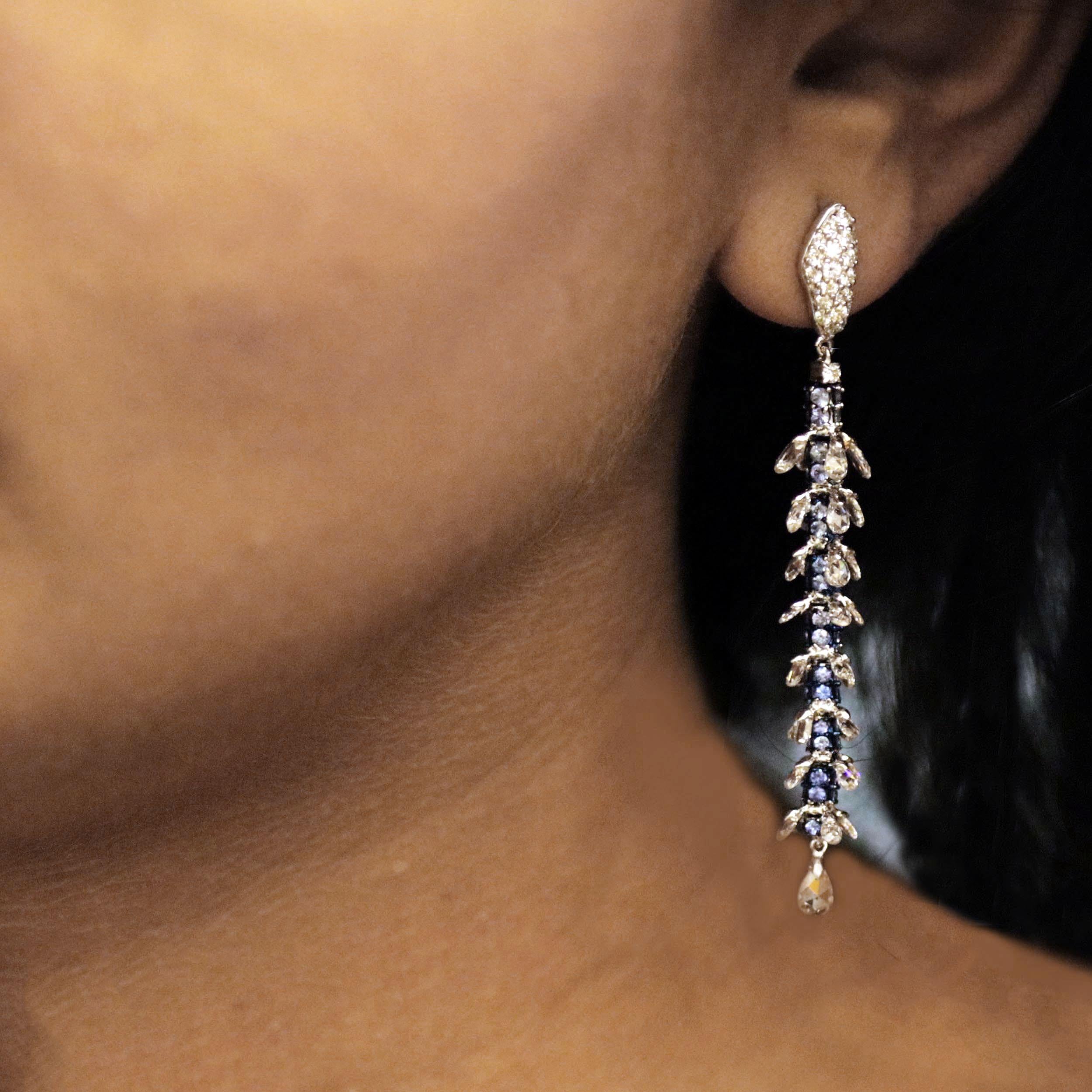 Studio Rêves Rose Cut and Blue Sapphire Dangling Earrings in 18 Karat Gold 2