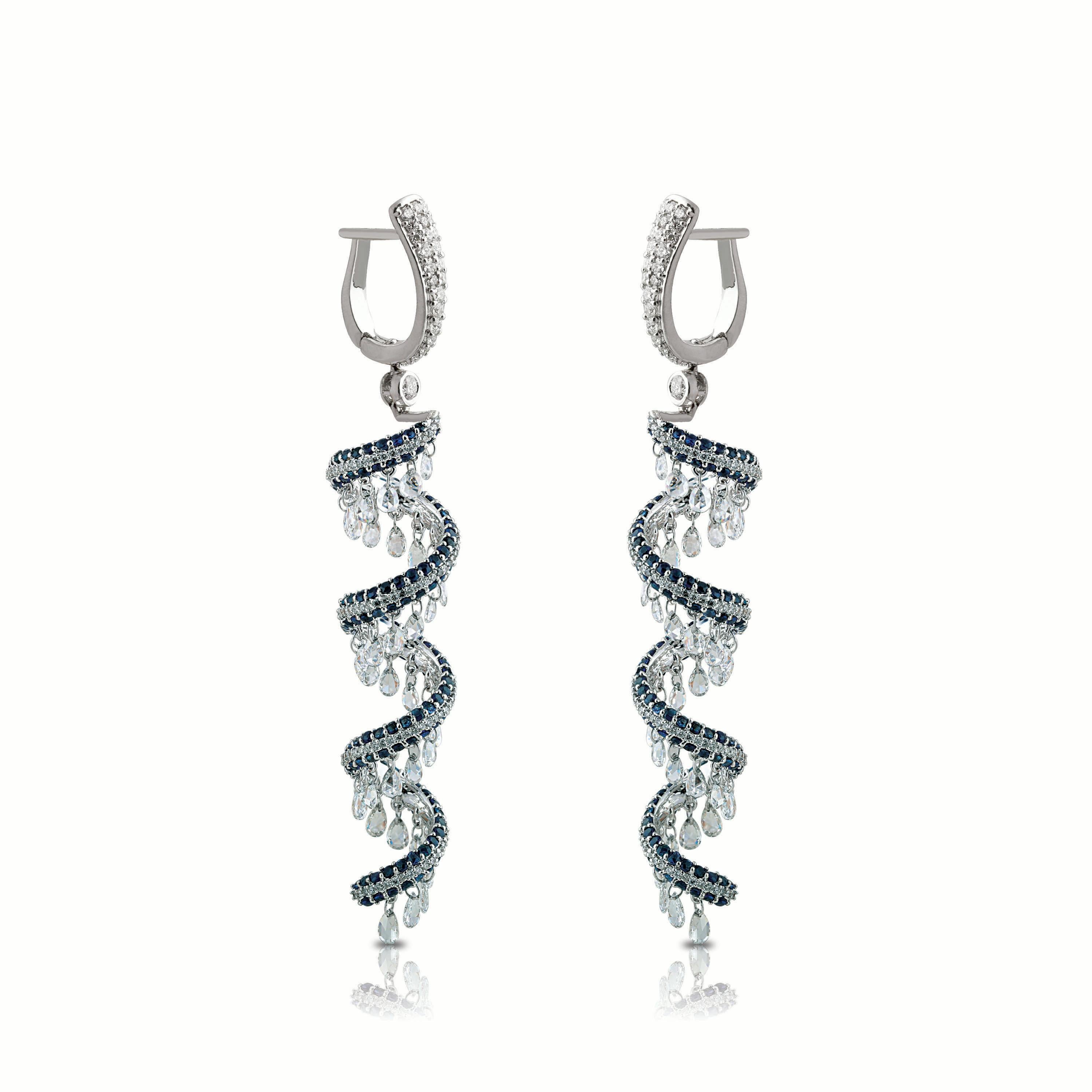 Contemporary Studio Rêves Rose Cut and Blue Sapphire Spiral Dangling Earrings in 18K Gold