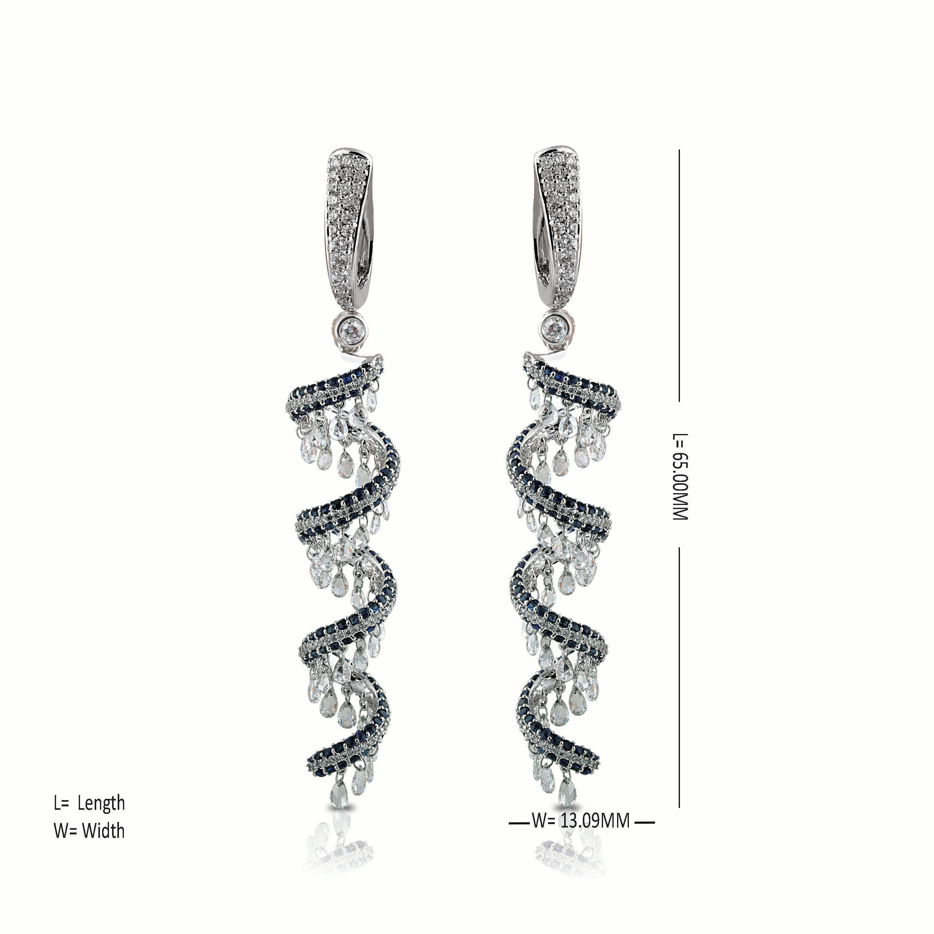 Women's Studio Rêves Rose Cut and Blue Sapphire Spiral Dangling Earrings in 18K Gold