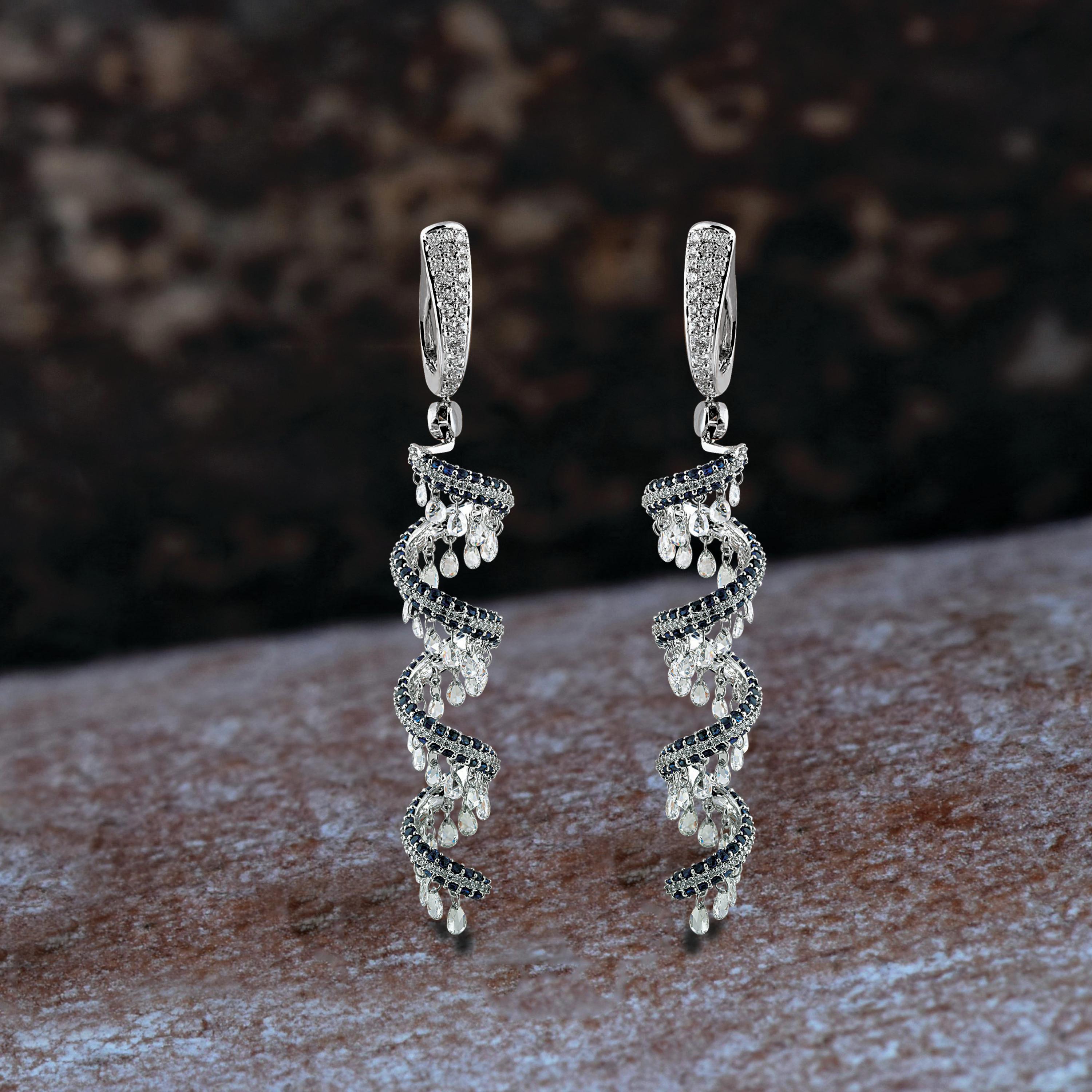 Studio Rêves Rose Cut and Blue Sapphire Spiral Dangling Earrings in 18K Gold 1