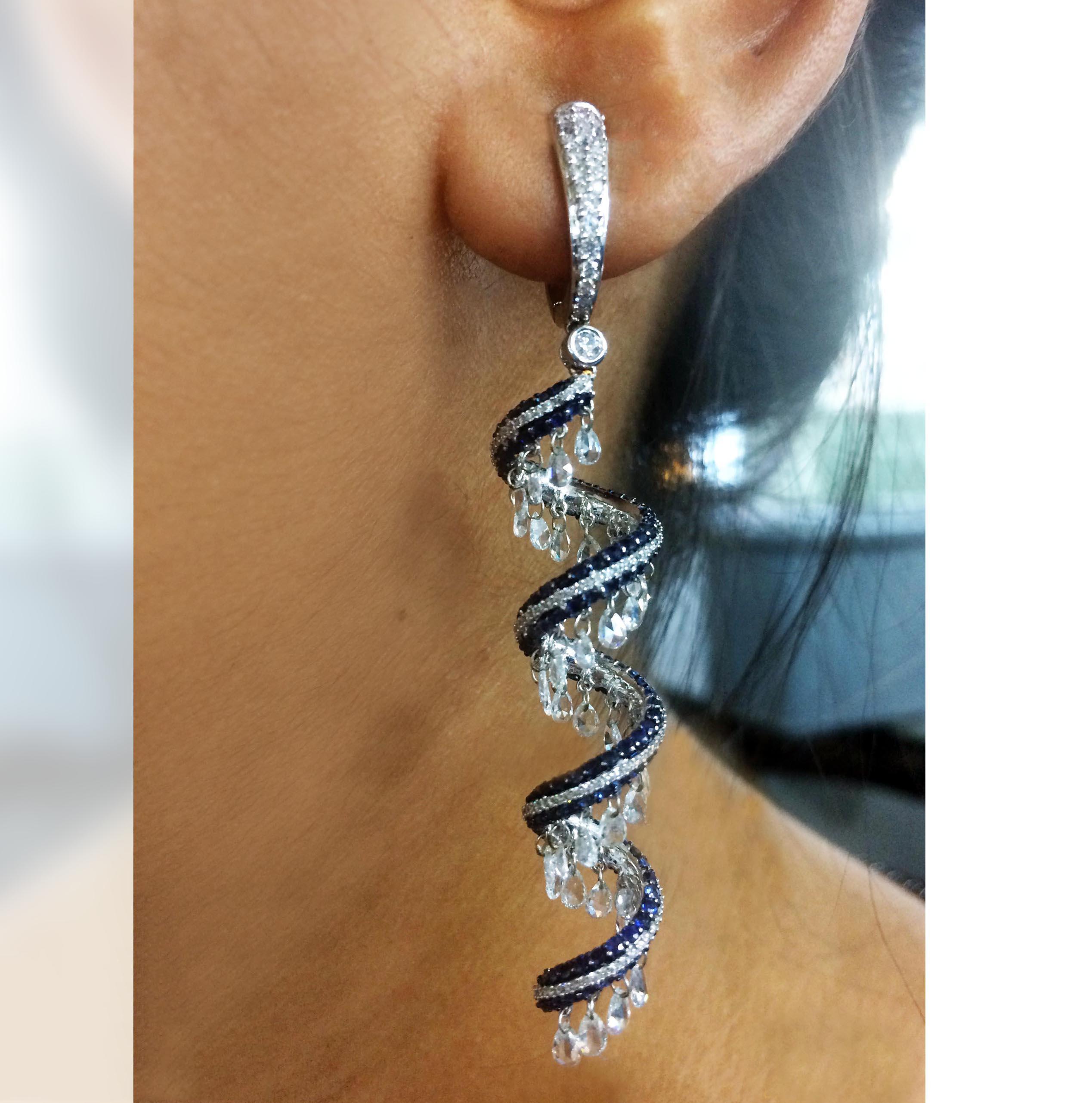 Studio Rêves Rose Cut and Blue Sapphire Spiral Dangling Earrings in 18K Gold 2