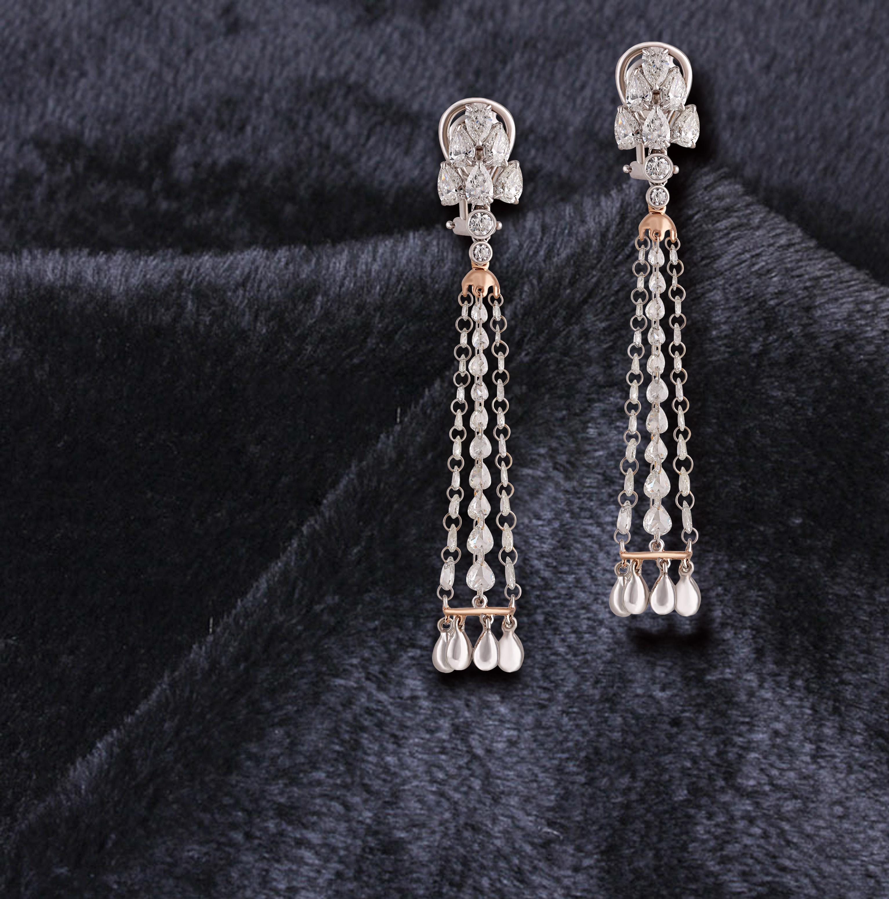 Studio Rêves Rose Cut and Brilliant Cut Diamond Chandelier Earrings in 18K Gold 4