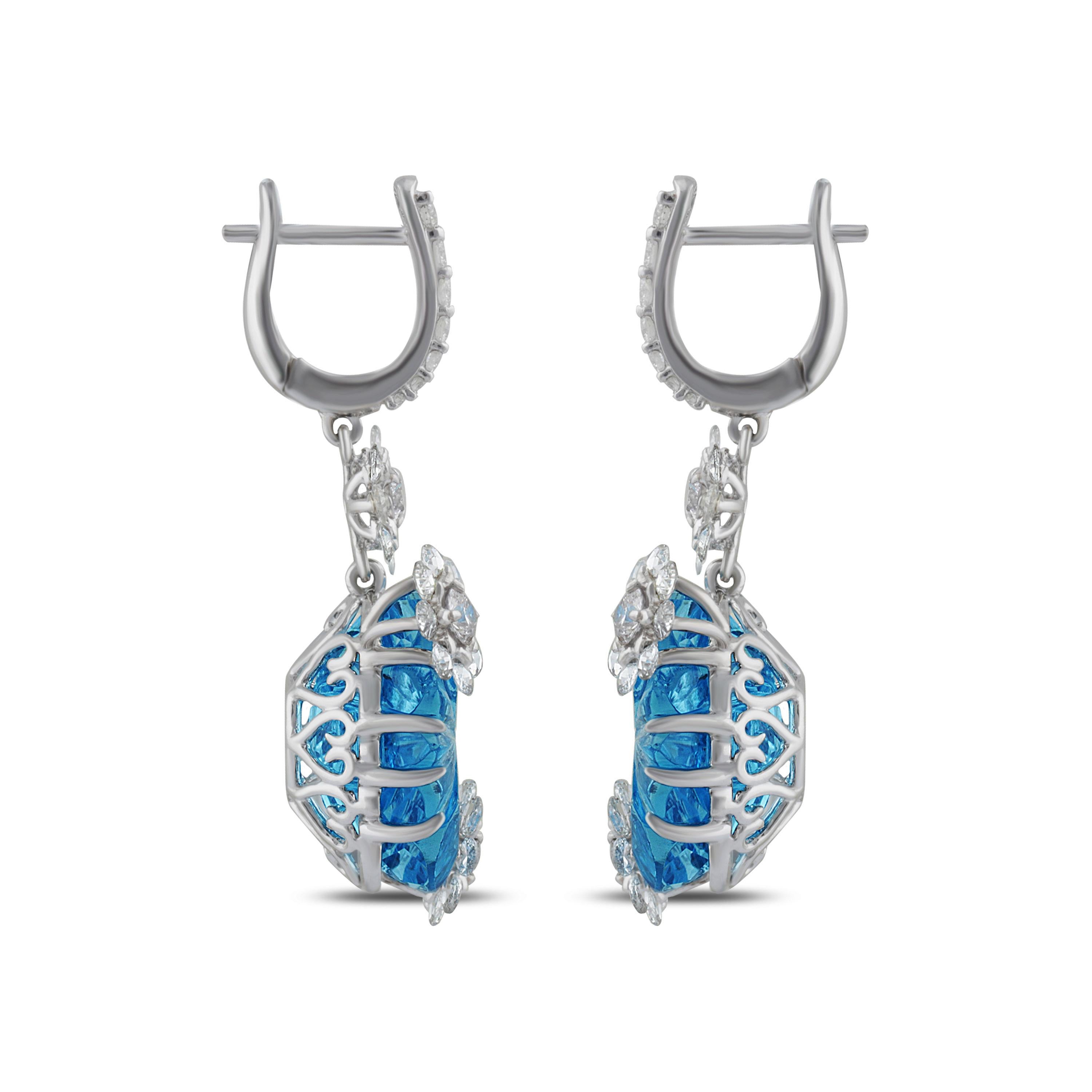Women's Studio Rêves Rose Cut and Carved Blue Topaz Floral Dangling Earrings in 18K Gold For Sale