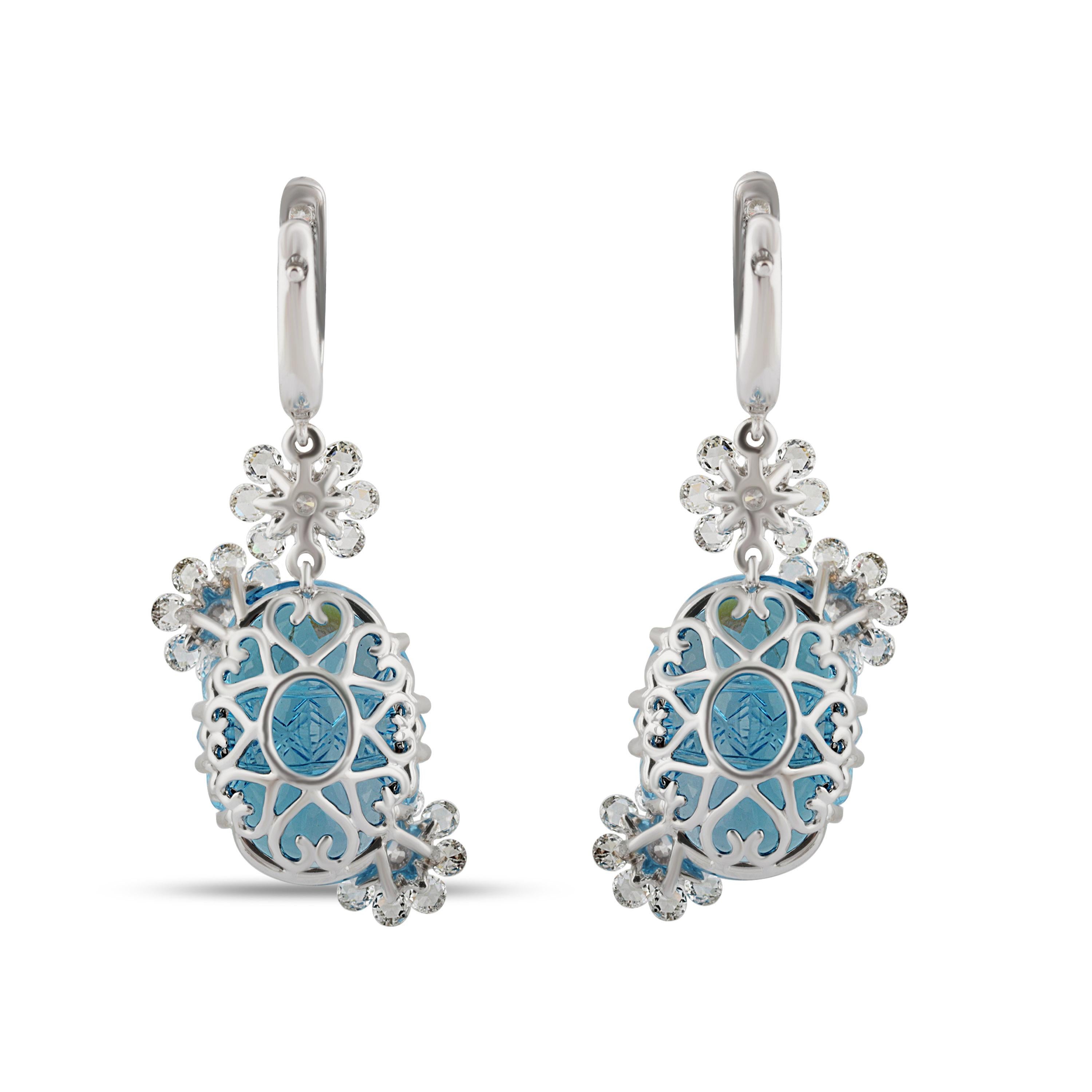 Studio Rêves Rose Cut and Carved Blue Topaz Floral Dangling Earrings in 18K Gold For Sale 1
