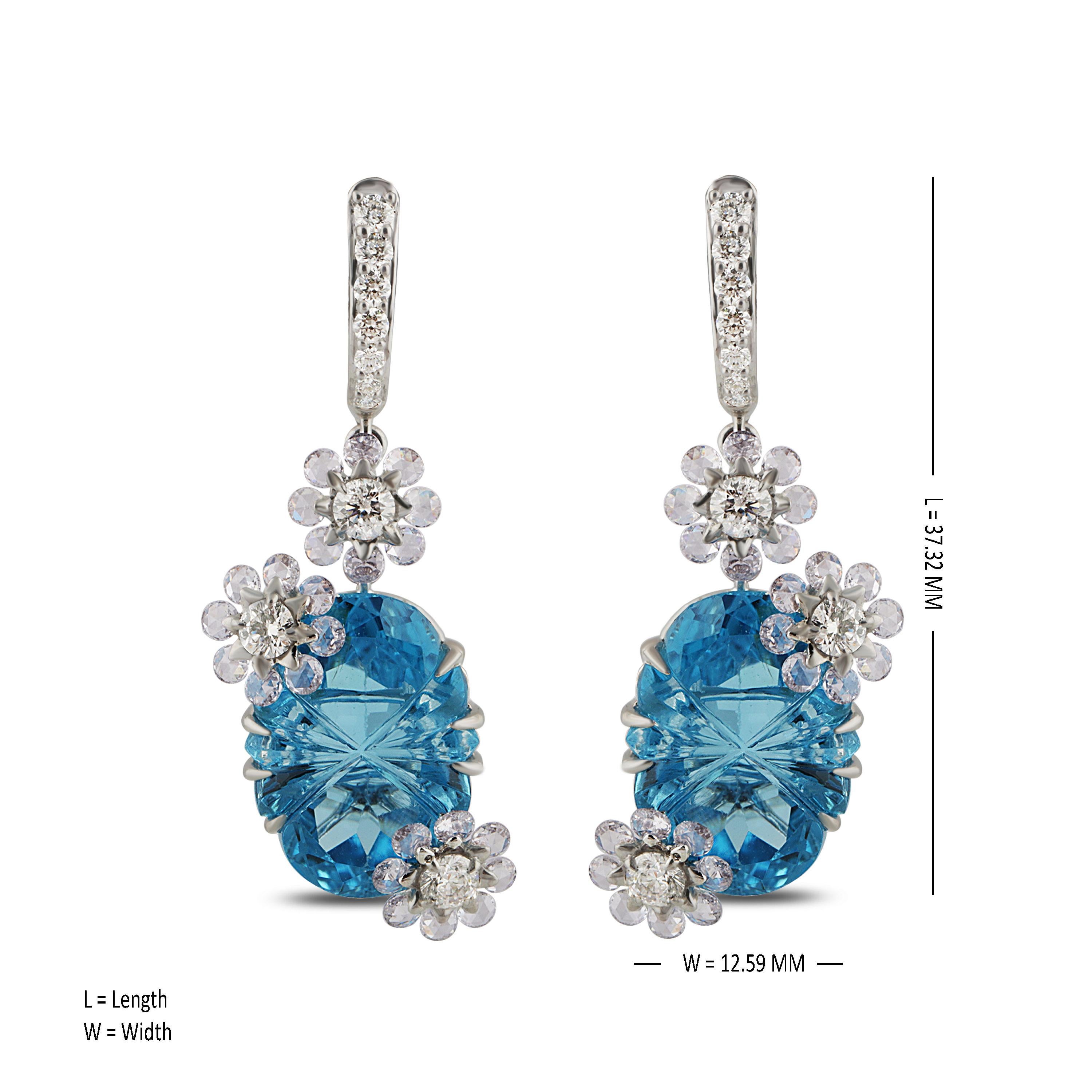 Contemporary Studio Rêves Rose Cut and Carved Blue Topaz Floral Dangling Earrings in 18K Gold For Sale