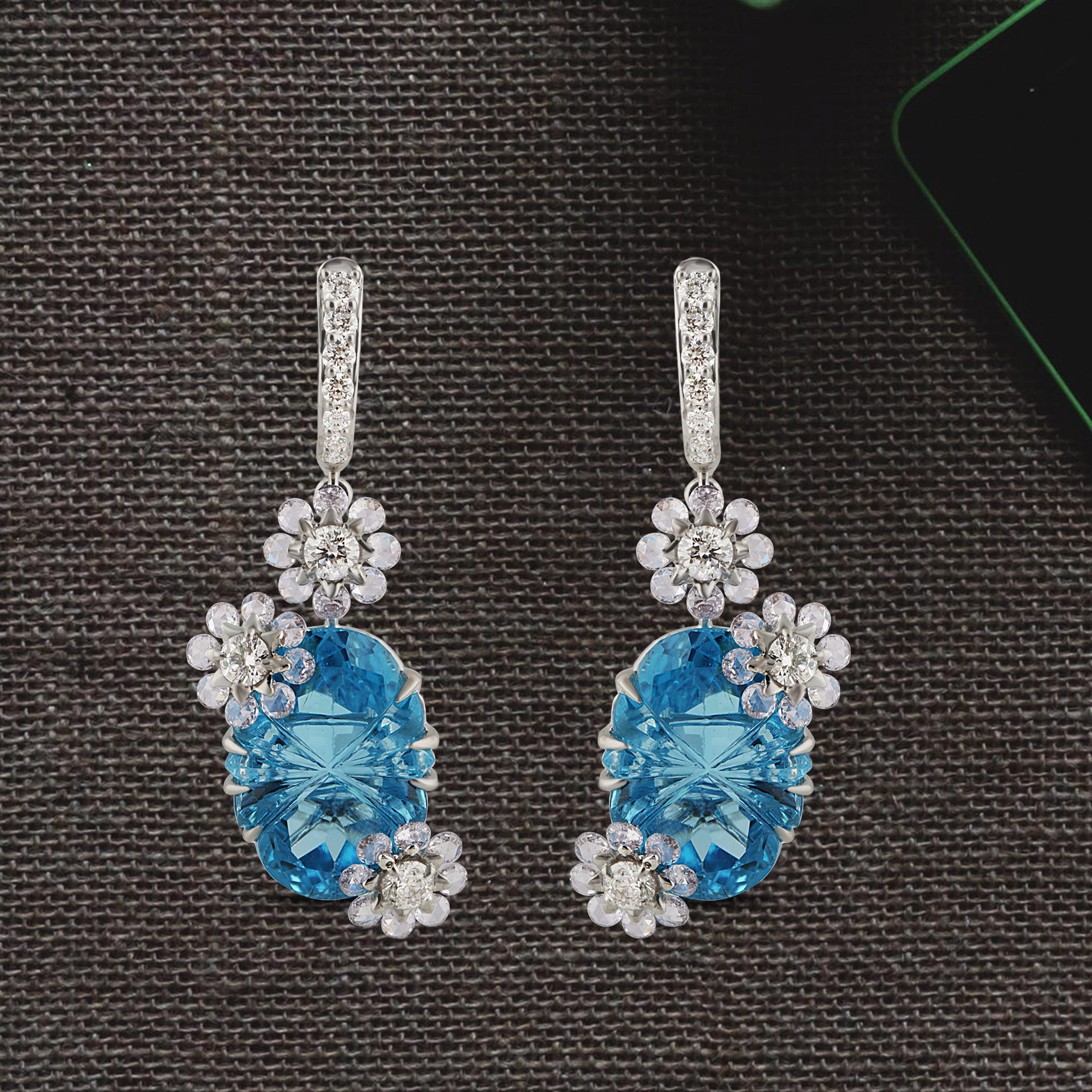 Studio Rêves Rose Cut and Carved Blue Topaz Floral Dangling Earrings in 18K Gold For Sale 2