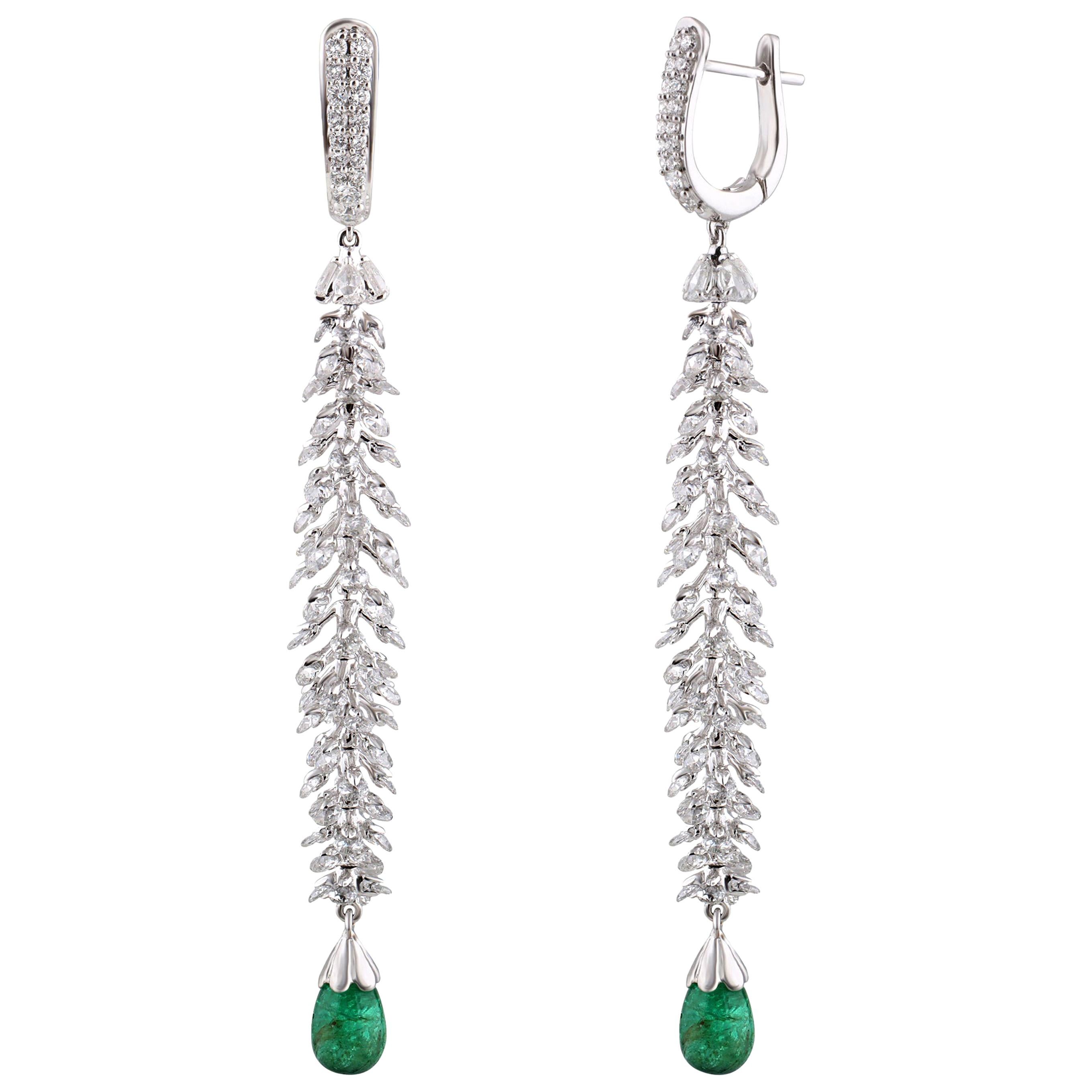 Studio Rêves Rose Cut Dangling Earrings with Emeralds in 18 Karat Gold For Sale