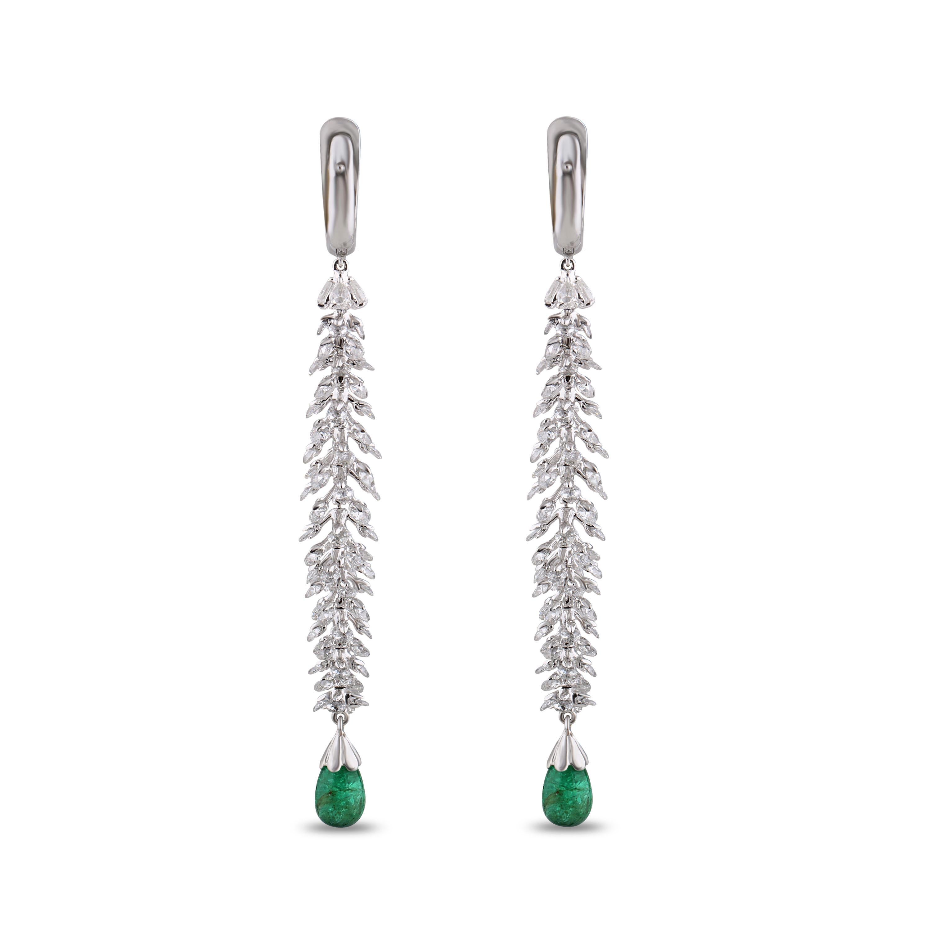 Studio Rêves Rose Cut Dangling Earrings with Emeralds in 18 Karat Gold For Sale 1