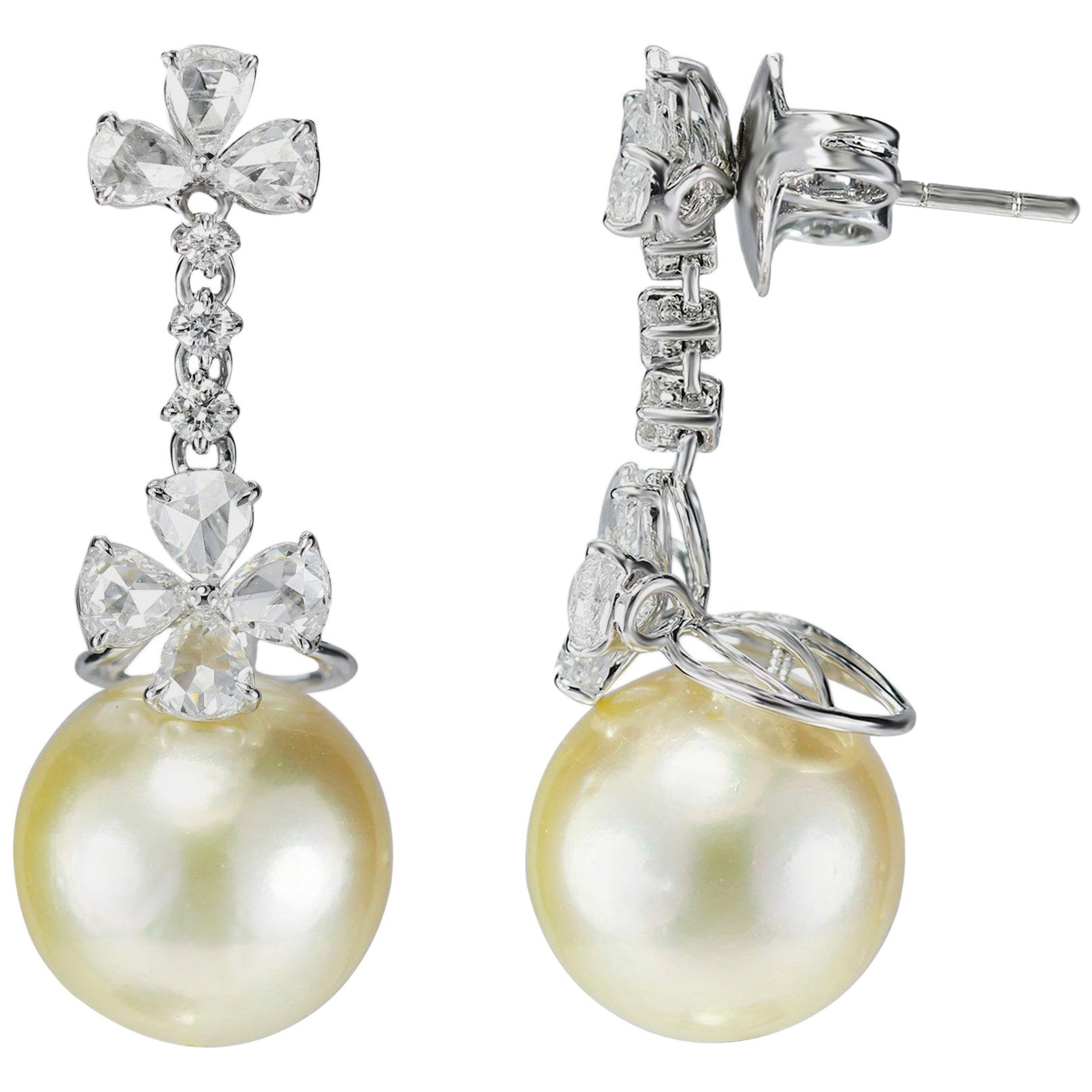 Studio Rêves Rose Cut Diamond and Pearl Earrings in 18 karat White Gold For Sale