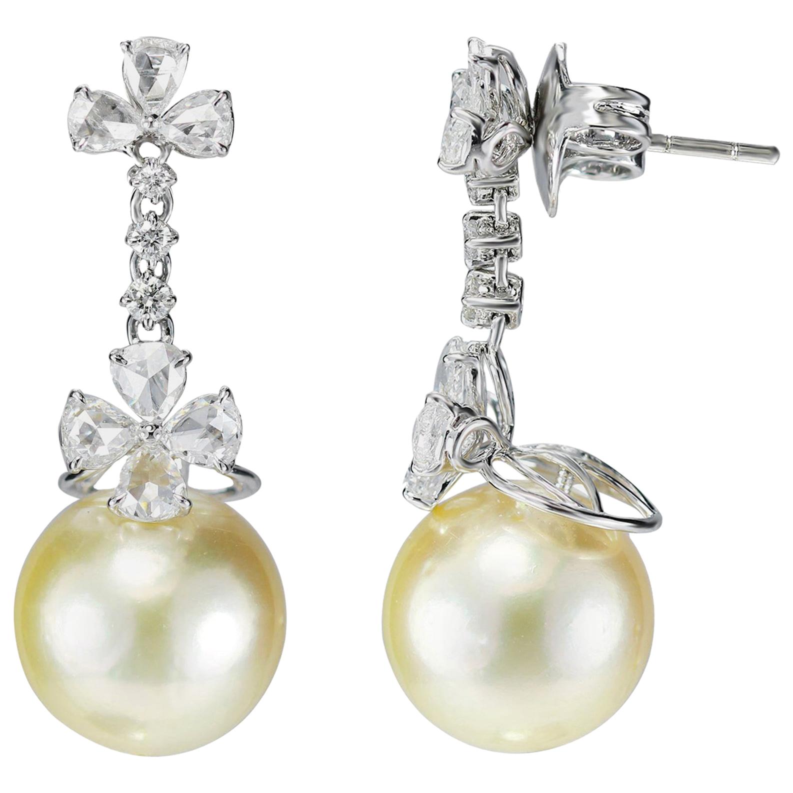 Studio Rêves Rose Cut Diamond and Pearl Earrings in 18 Karat White Gold For Sale