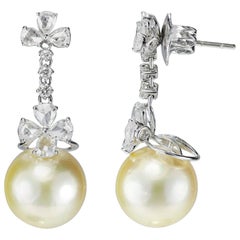 Studio Rêves Rose Cut Diamond and Pearl Earrings in 18 Karat White Gold