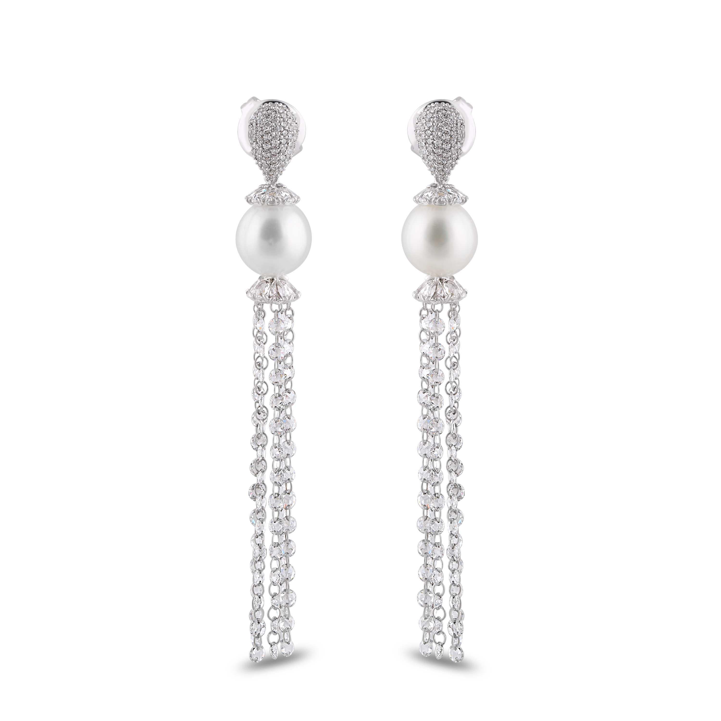 Studio Rêves Rose Cut Diamond and South Sea Pearls Dangling Earrings In New Condition For Sale In Mumbai, Maharashtra