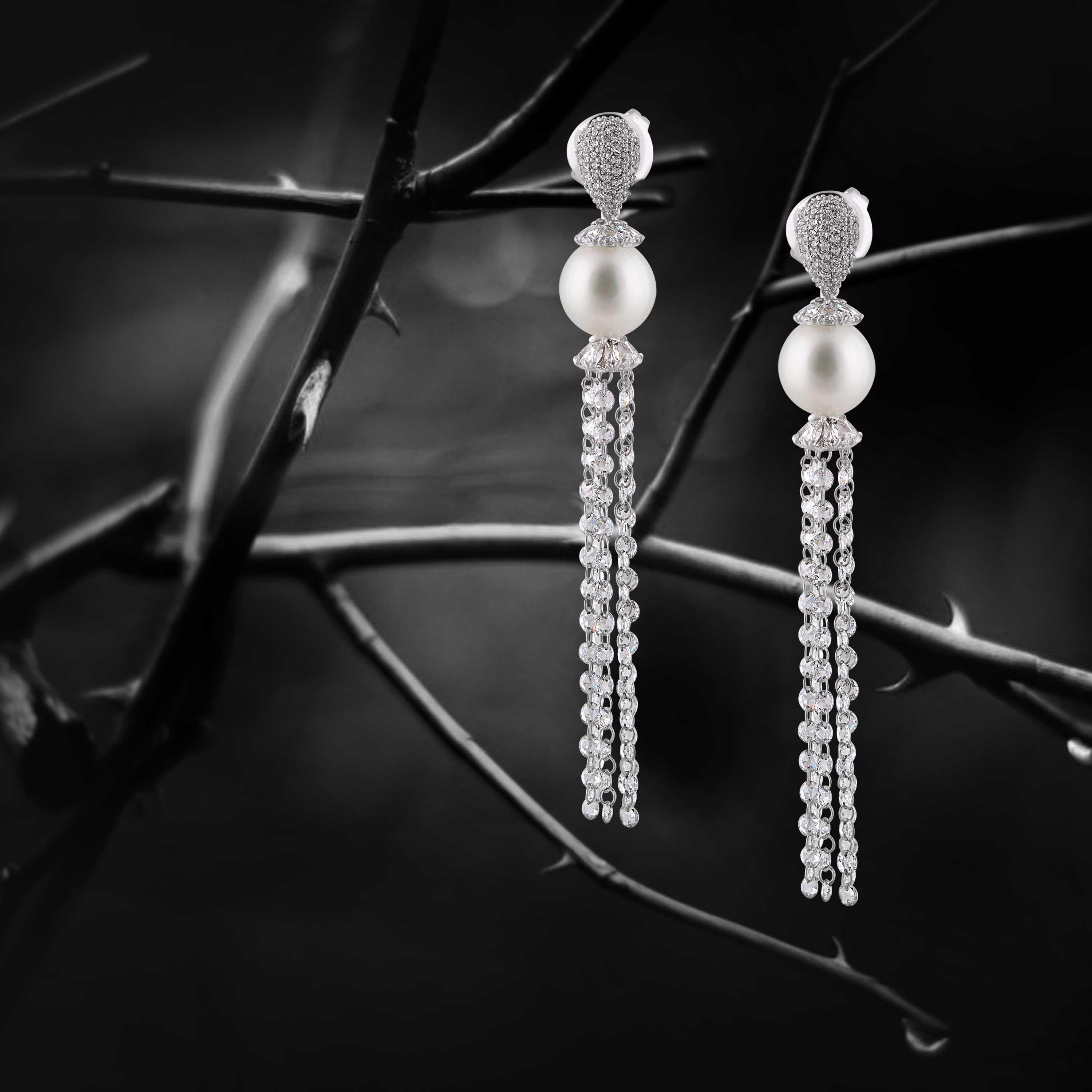 Studio Rêves Rose Cut Diamond and South Sea Pearls Dangling Earrings For Sale 2