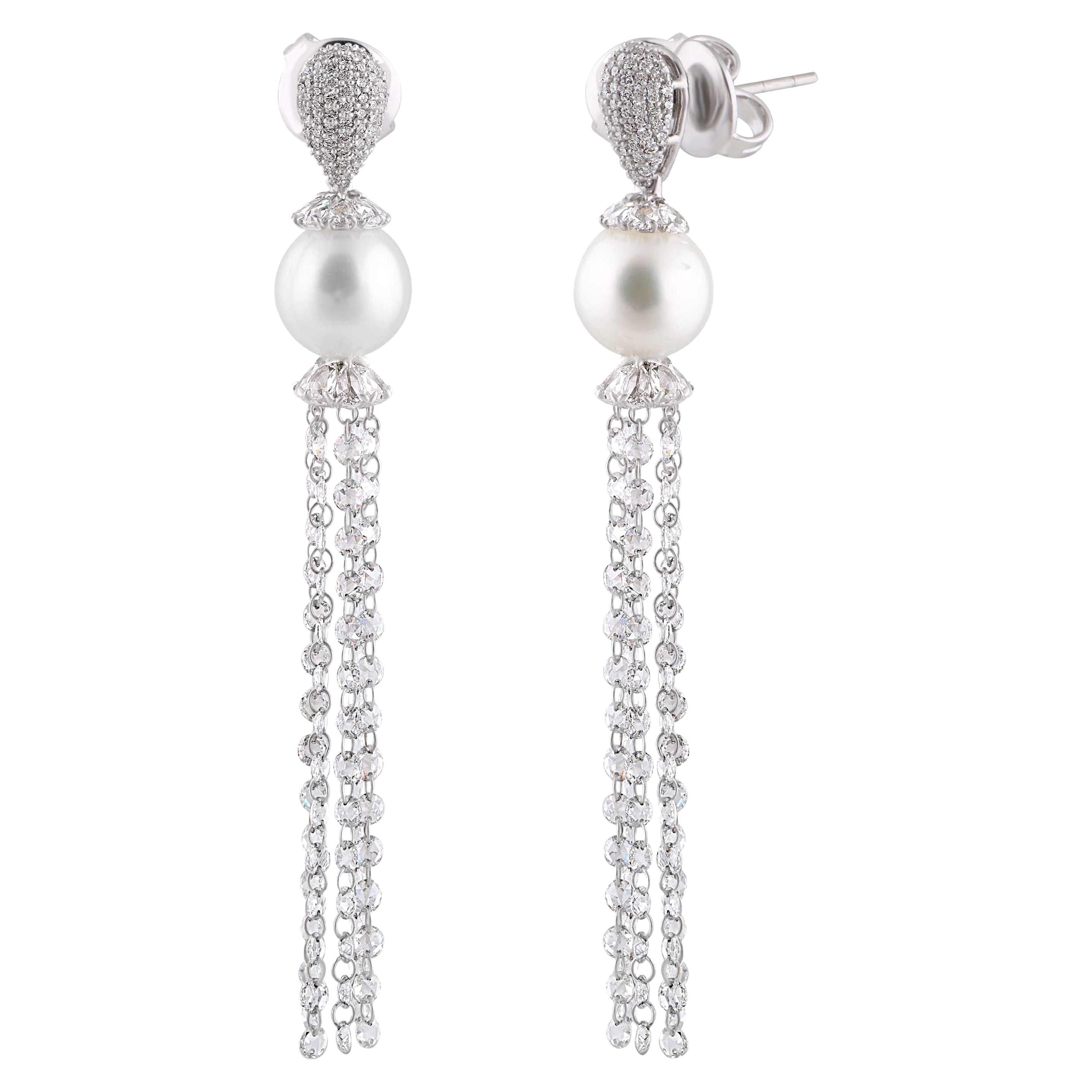 Studio Rêves Rose Cut Diamond and South Sea Pearls Dangling Earrings For Sale