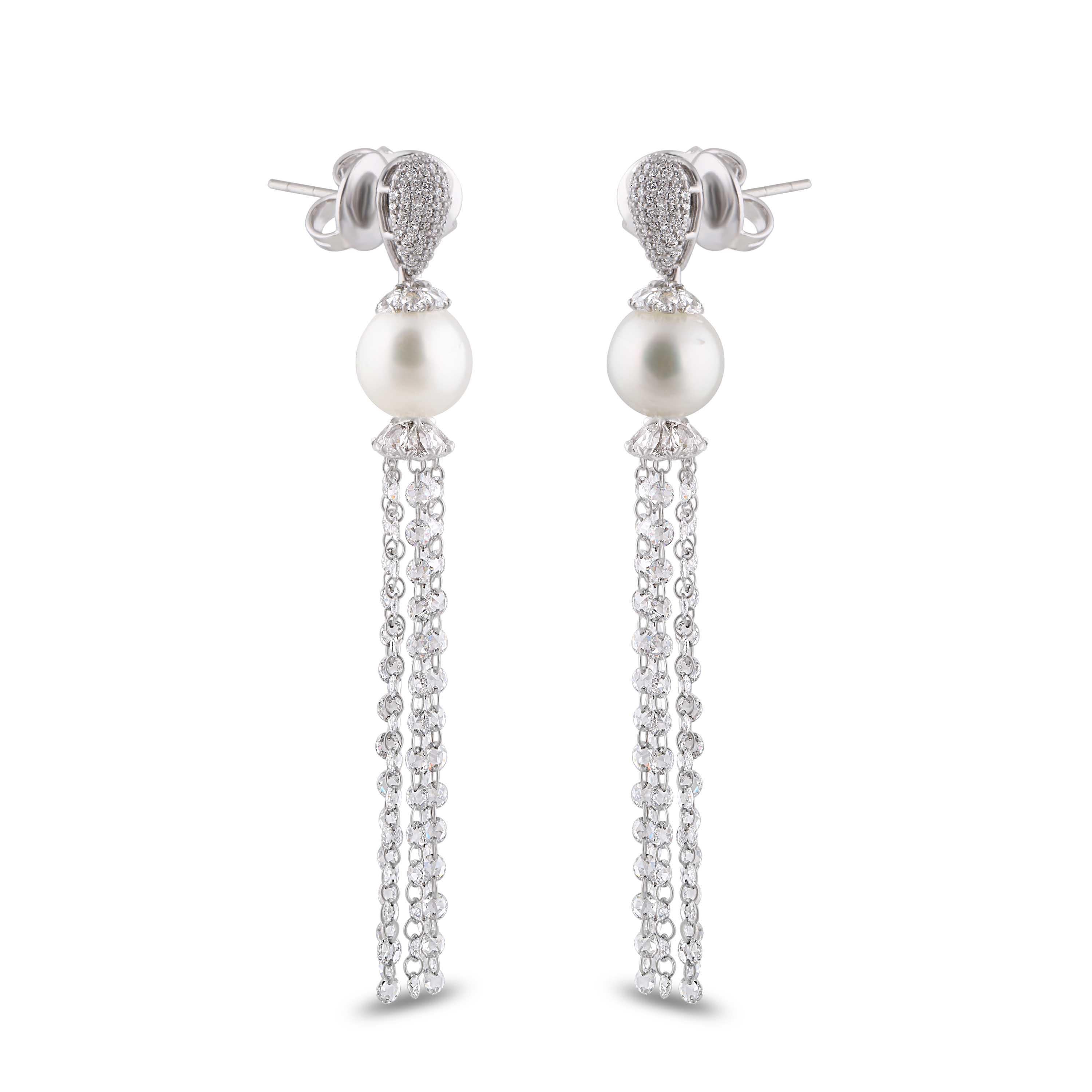 Women's Studio Rêves Rose Cut Diamond and South Sea Pearls Dangling Earrings in 18K Gold For Sale