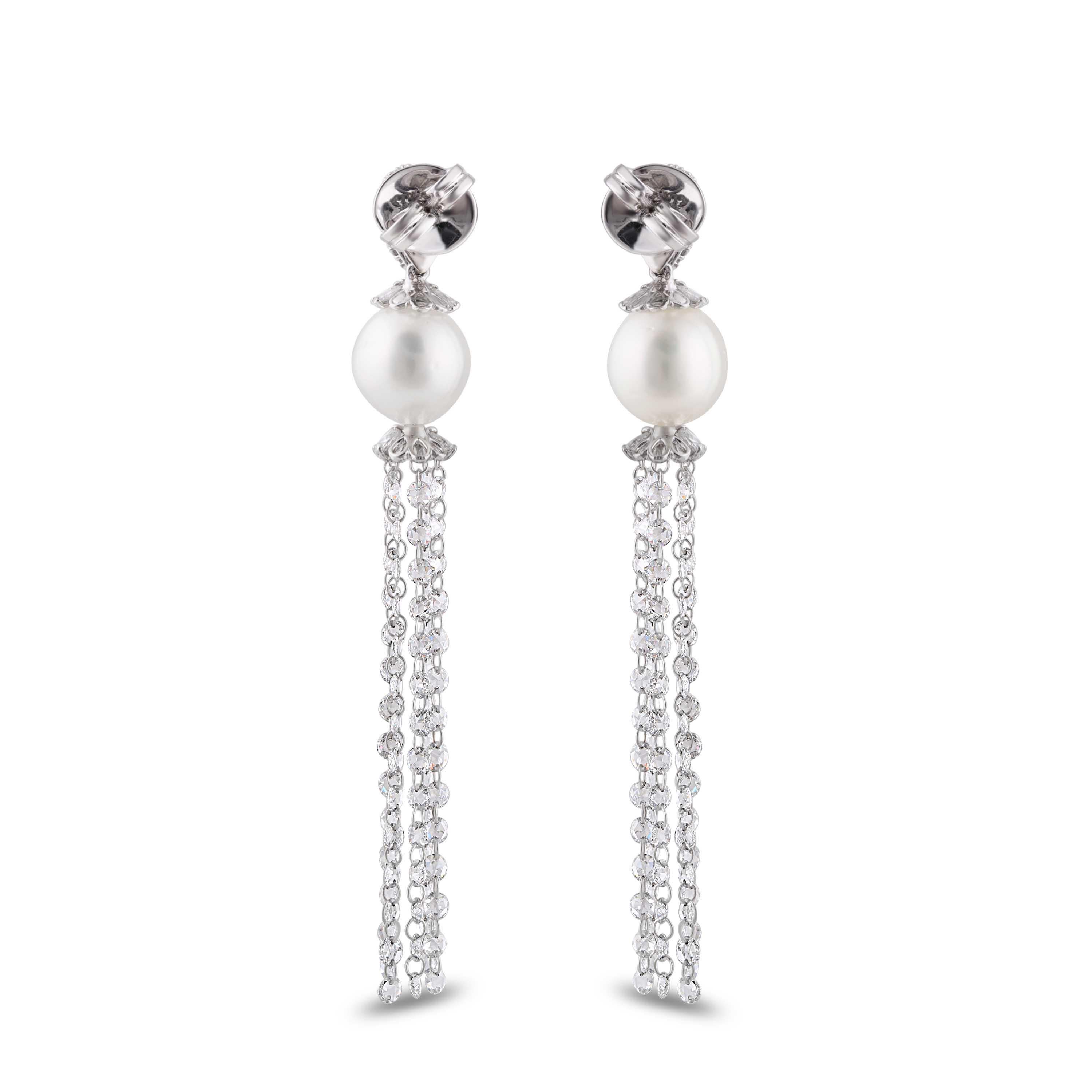 Studio Rêves Rose Cut Diamond and South Sea Pearls Dangling Earrings in 18K Gold For Sale 1