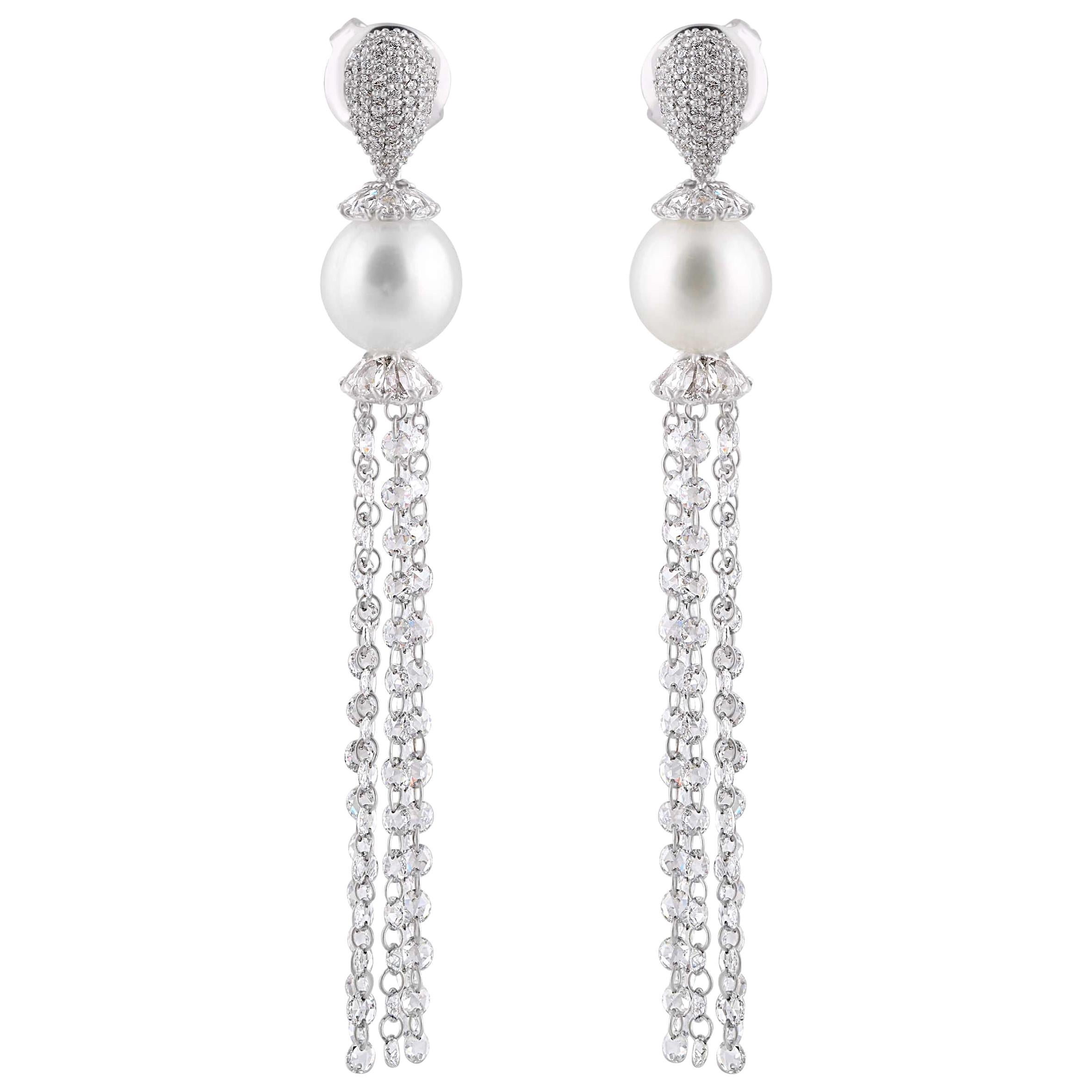 Studio Rêves Rose Cut Diamond and South Sea Pearls Dangling Earrings in 18K Gold For Sale