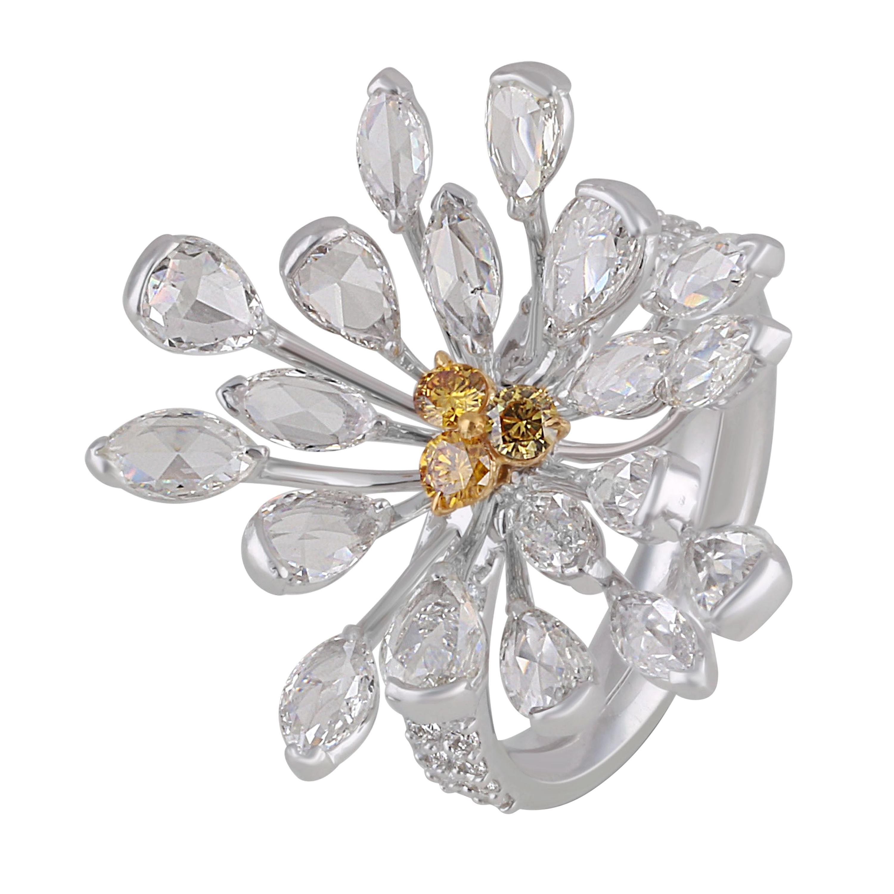 Studio Rêves Flared Daisy Yellow and White Diamonds Cocktail Ring in 18K Gold For Sale