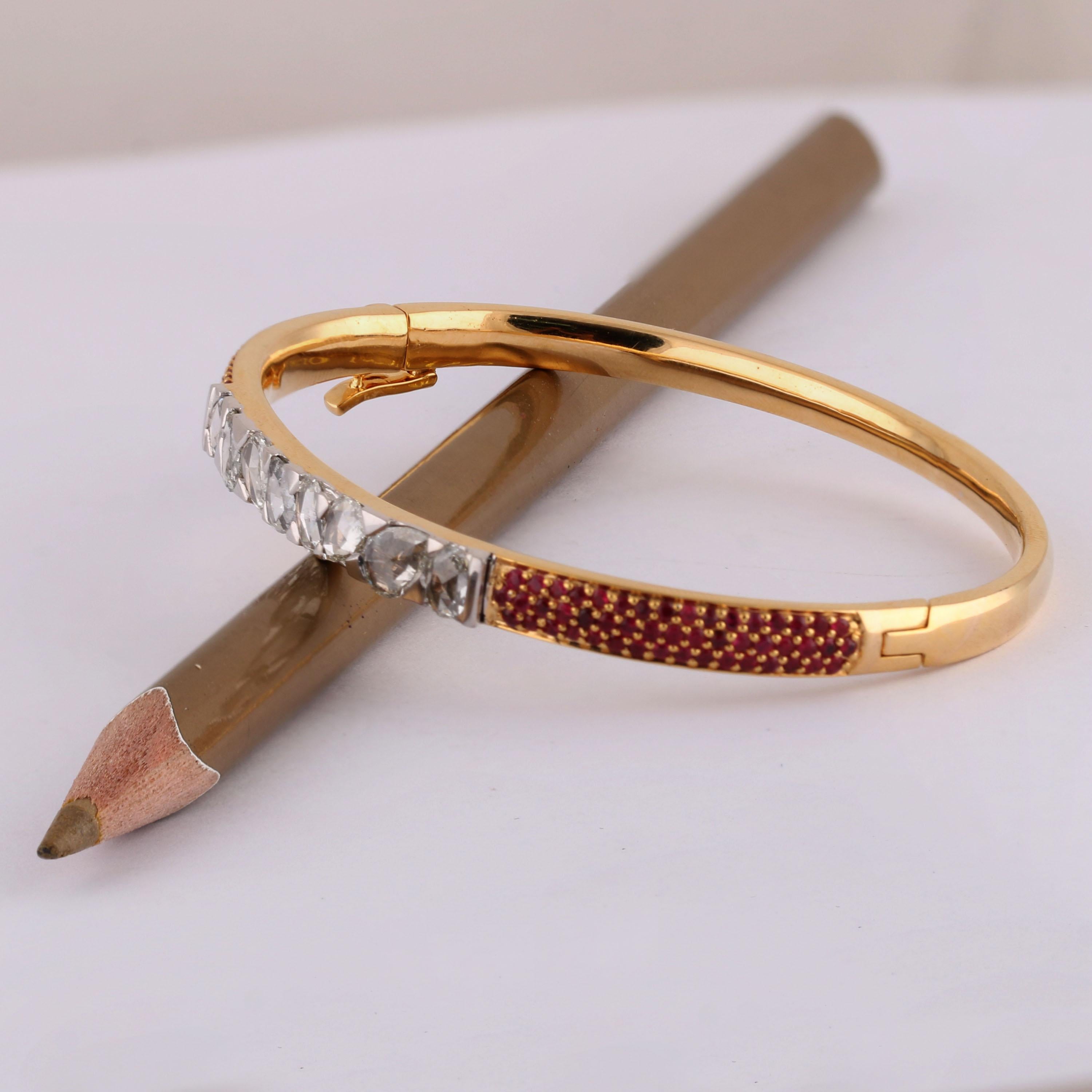 Women's Studio Rêves Rose Cut Diamond and Ruby Studded Bracelet in 18 Karat Gold For Sale