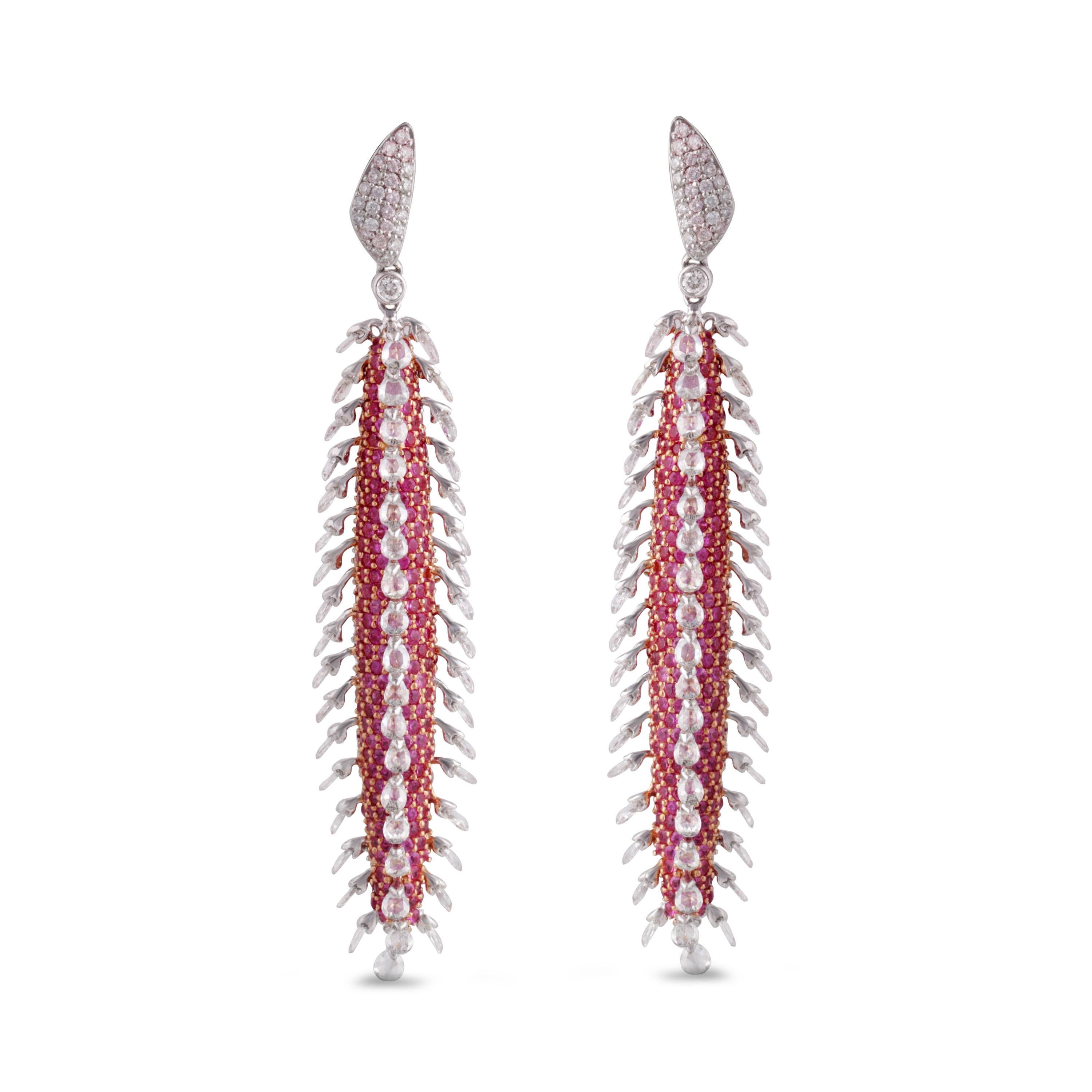 Women's Studio Rêves Rose Cut Diamonds and Pink Sapphire Dangling Earrings in 18K Gold For Sale