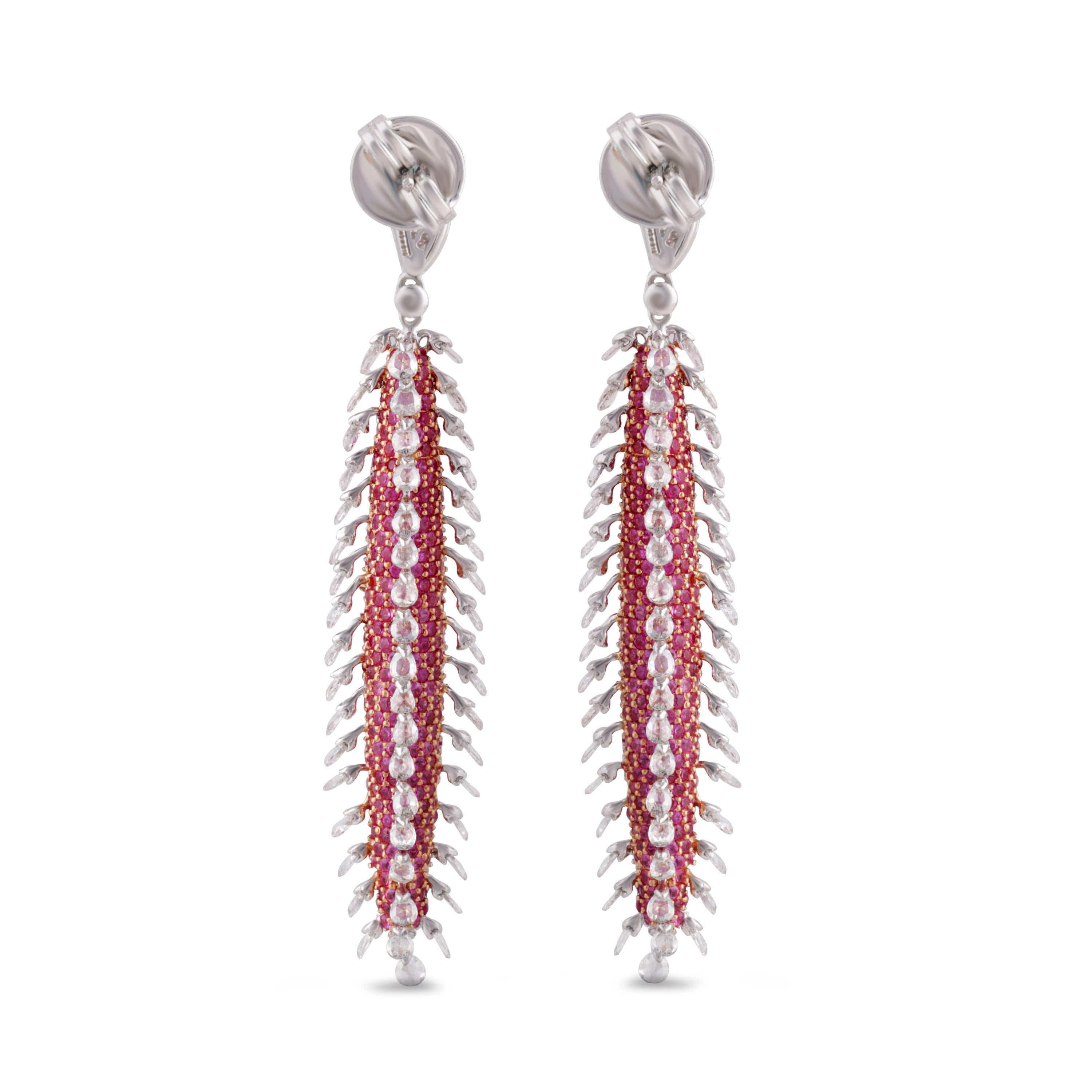 Studio Rêves Rose Cut Diamonds and Pink Sapphire Dangling Earrings in 18K Gold For Sale 2