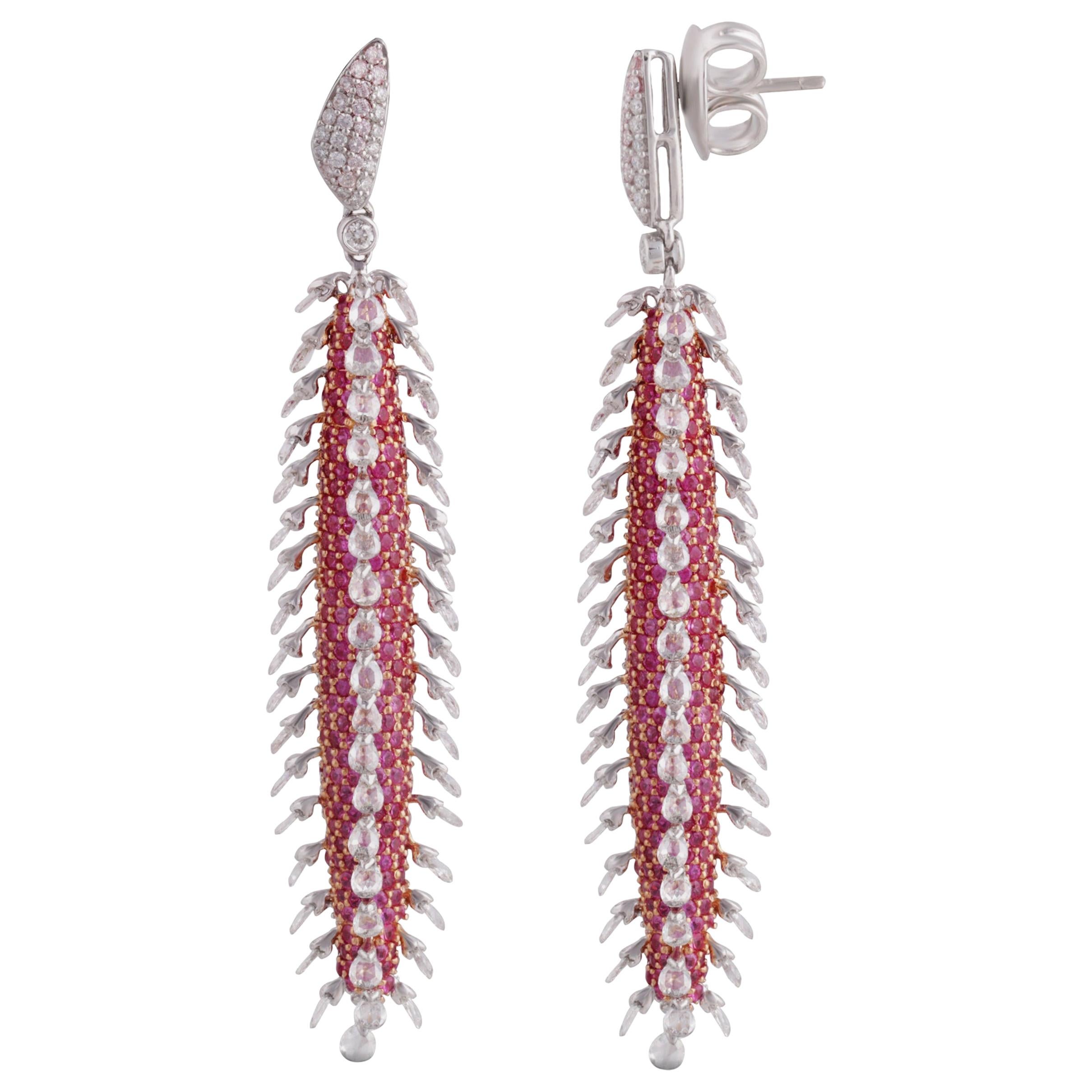 Studio Rêves Rose Cut Diamonds and Pink Sapphire Dangling Earrings in 18K Gold For Sale