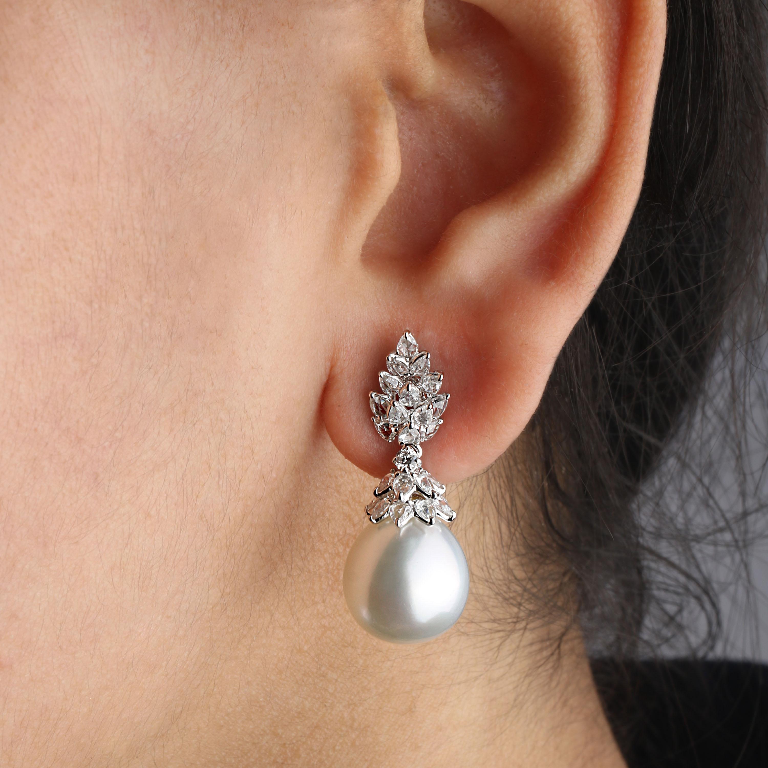 Studio Rêves Rose Cut Diamonds and South Sea Pearls Earrings in 18 Karat Gold 2