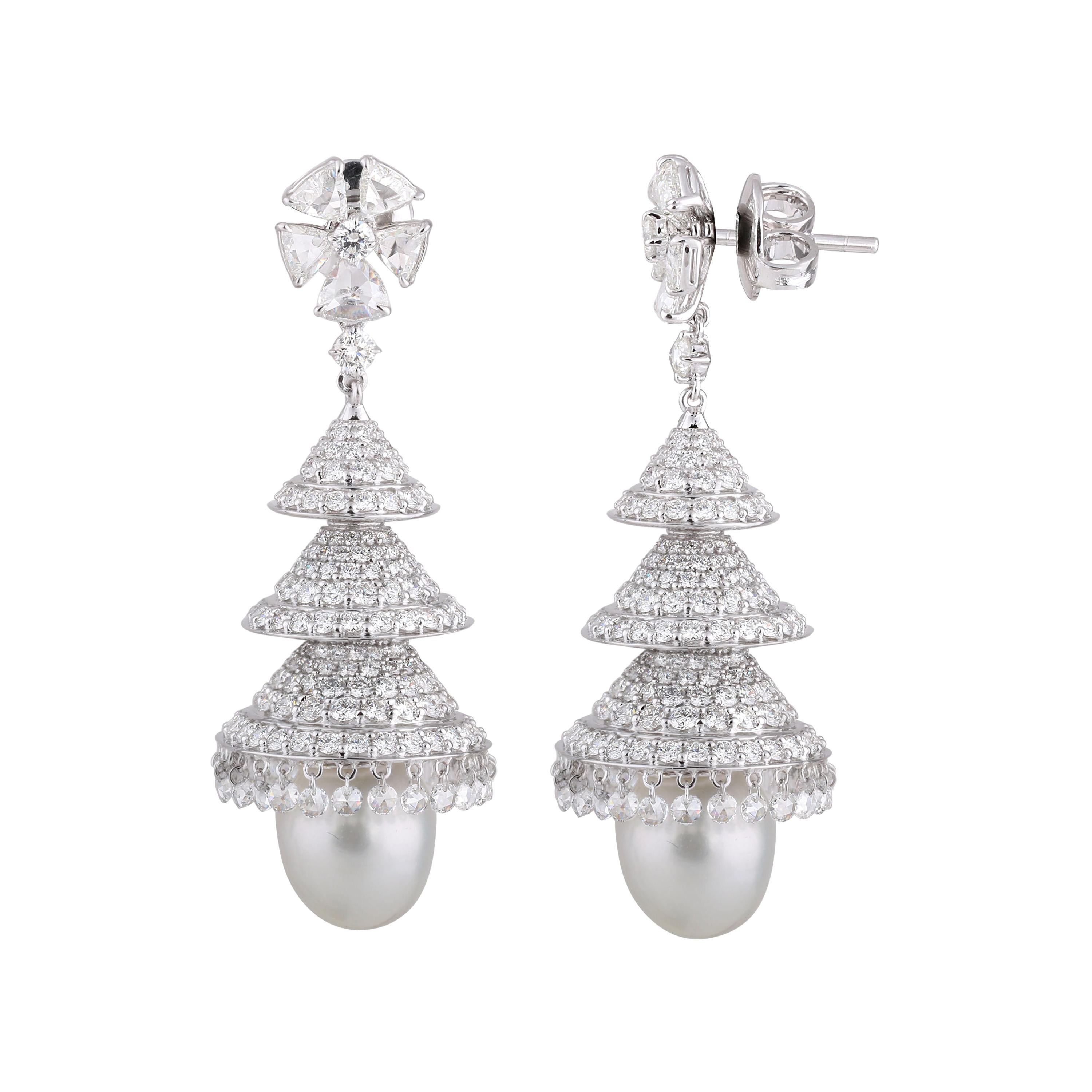 Studio Rêves Rose Cut Diamonds Chandelier Earrings in 18 Karat White