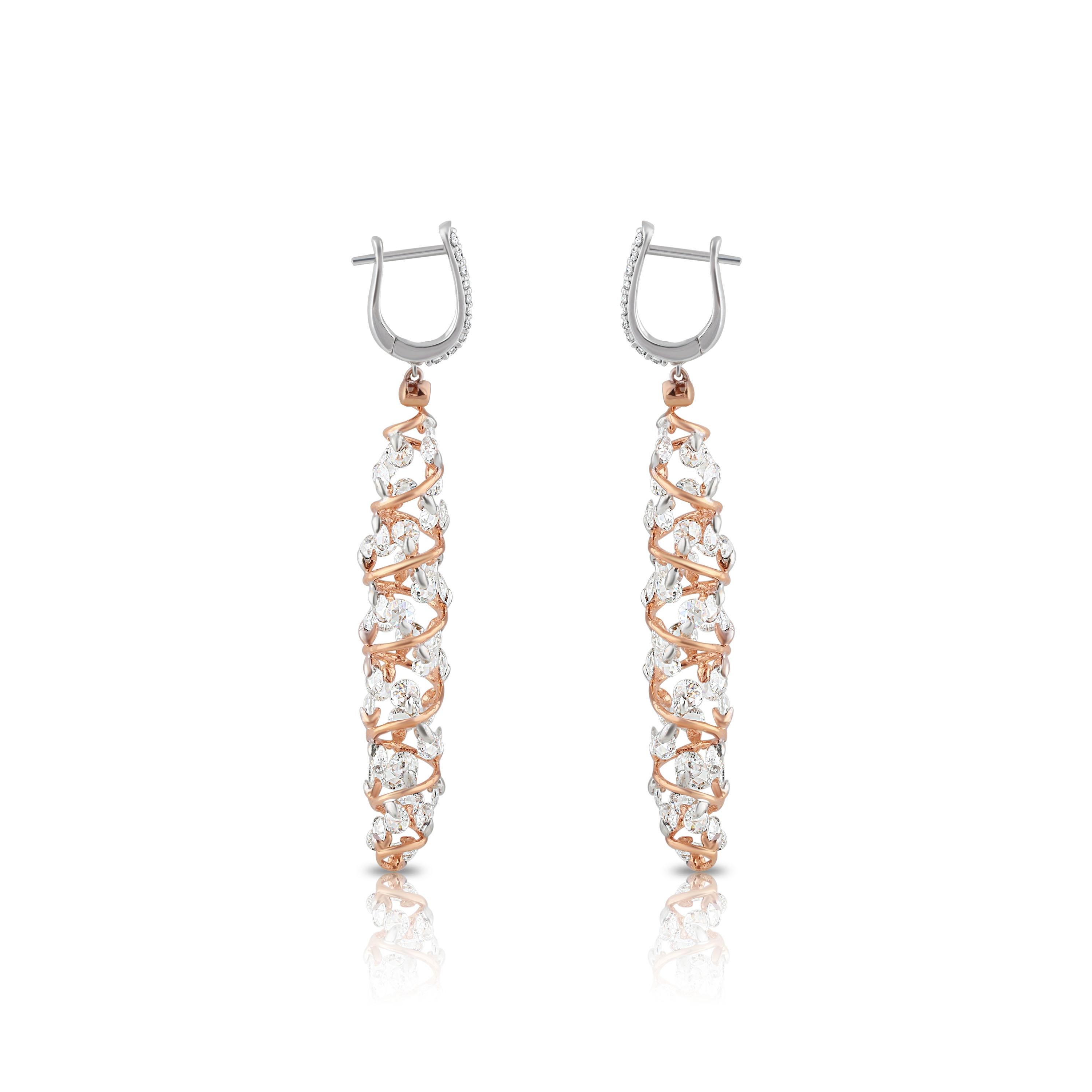 Contemporary Studio Rêves Rose Cut Diamonds Spiral Earrings in 18 Karat White and Rose Gold For Sale