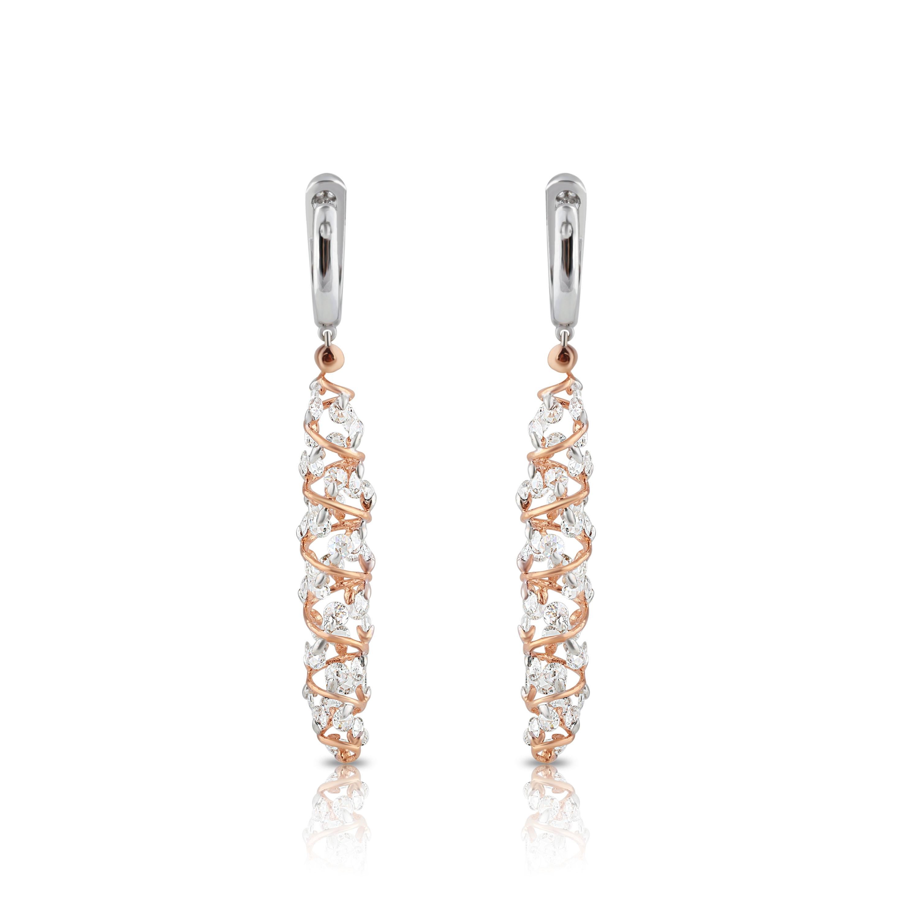 Studio Rêves Rose Cut Diamonds Spiral Earrings in 18 Karat White and Rose Gold In New Condition For Sale In Mumbai, Maharashtra