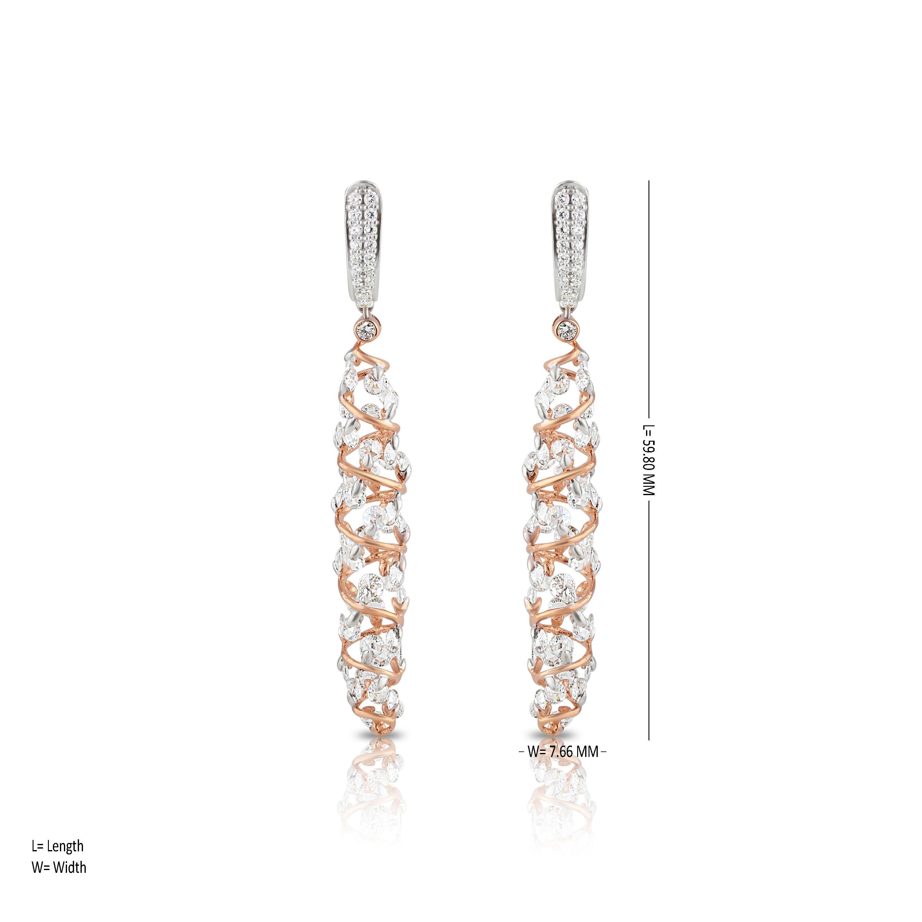 Women's Studio Rêves Rose Cut Diamonds Spiral Earrings in 18 Karat White and Rose Gold For Sale