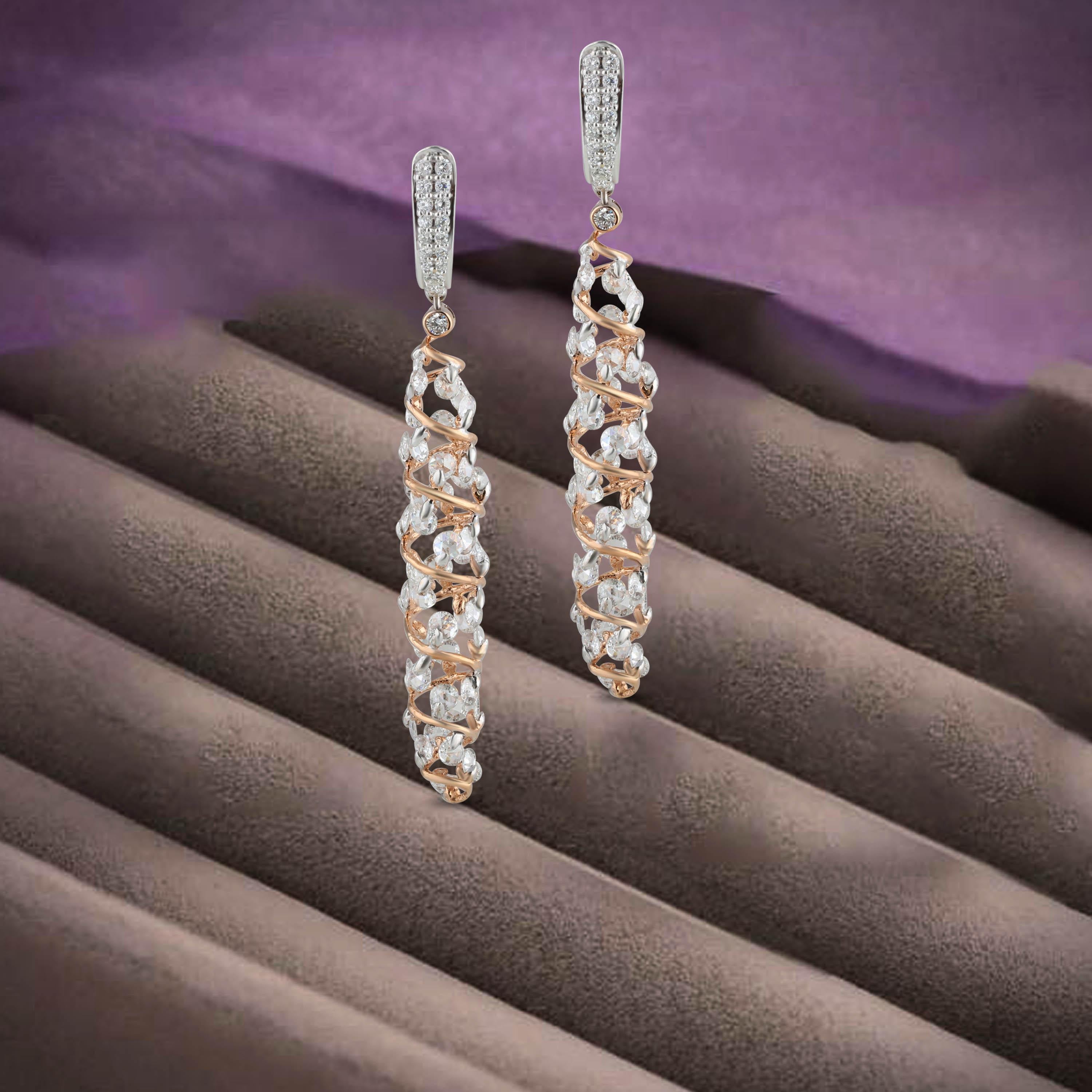 Studio Rêves Rose Cut Diamonds Spiral Earrings in 18 Karat White and Rose Gold For Sale 1