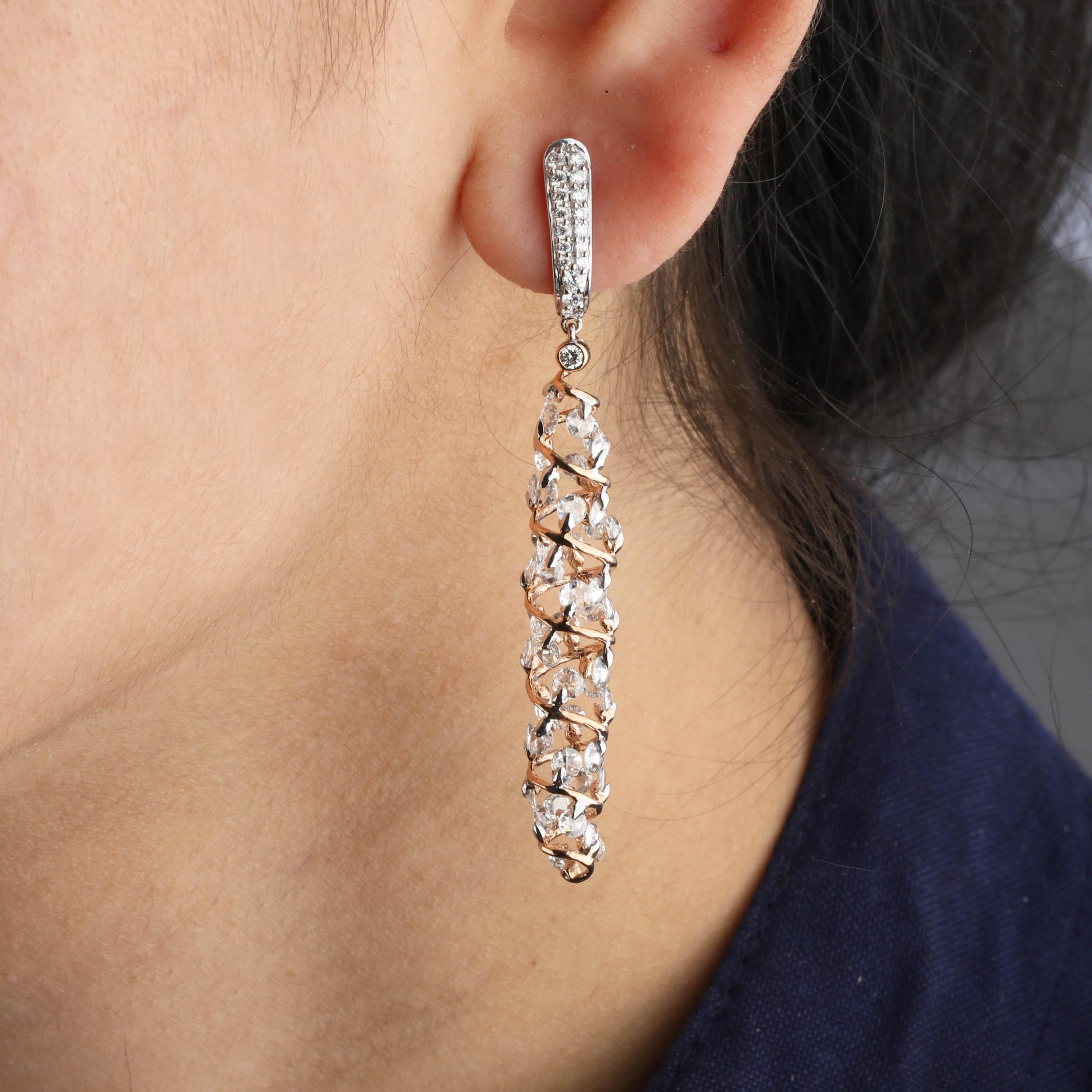 Studio Rêves Rose Cut Diamonds Spiral Earrings in 18 Karat White and Rose Gold For Sale 2