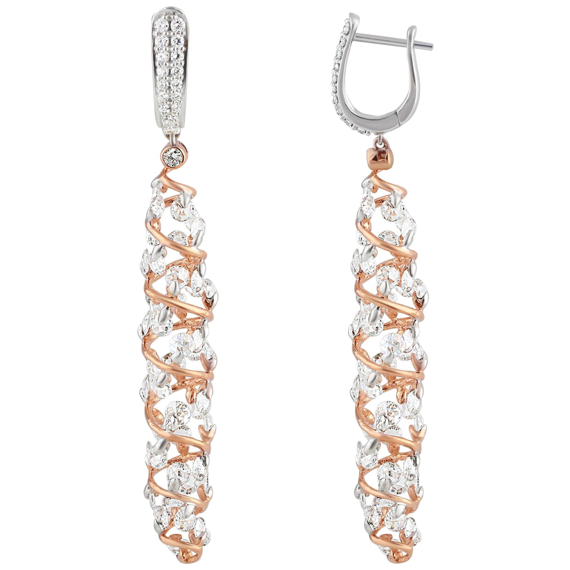 Studio Rêves Rose Cut Diamonds Spiral Earrings in 18 Karat White and Rose Gold For Sale