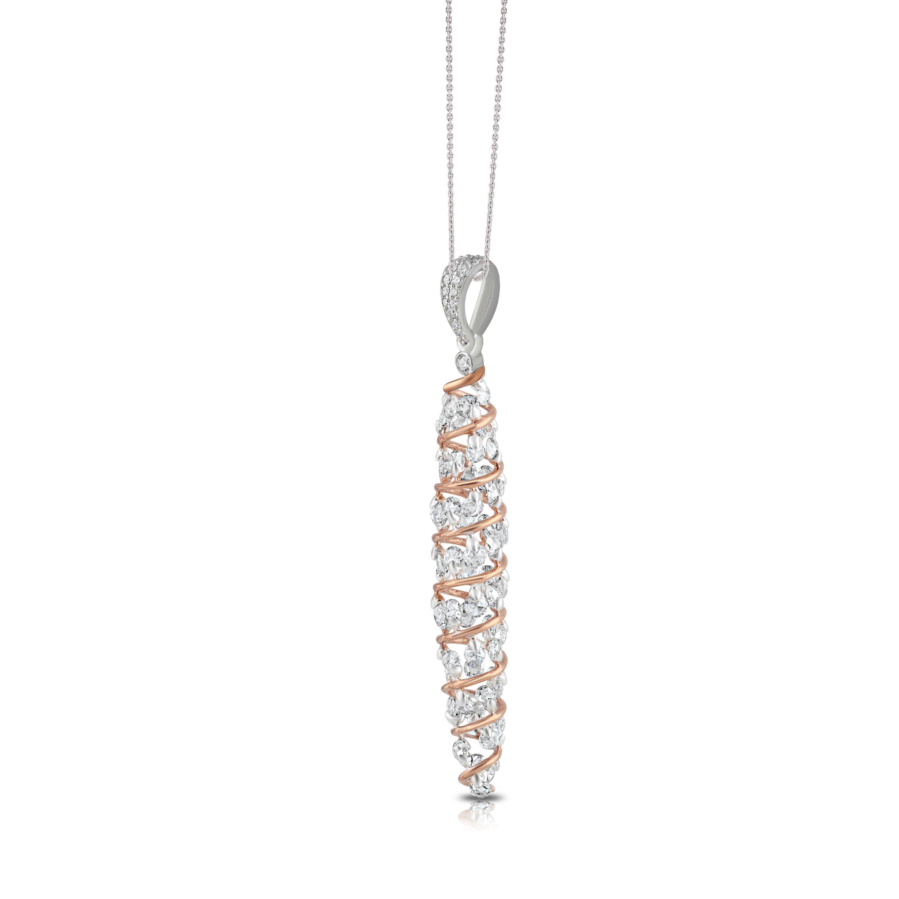 Contemporary Studio Rêves Rose Cut Diamonds Spiral Pendant in 18 Karat White and Rose Gold For Sale