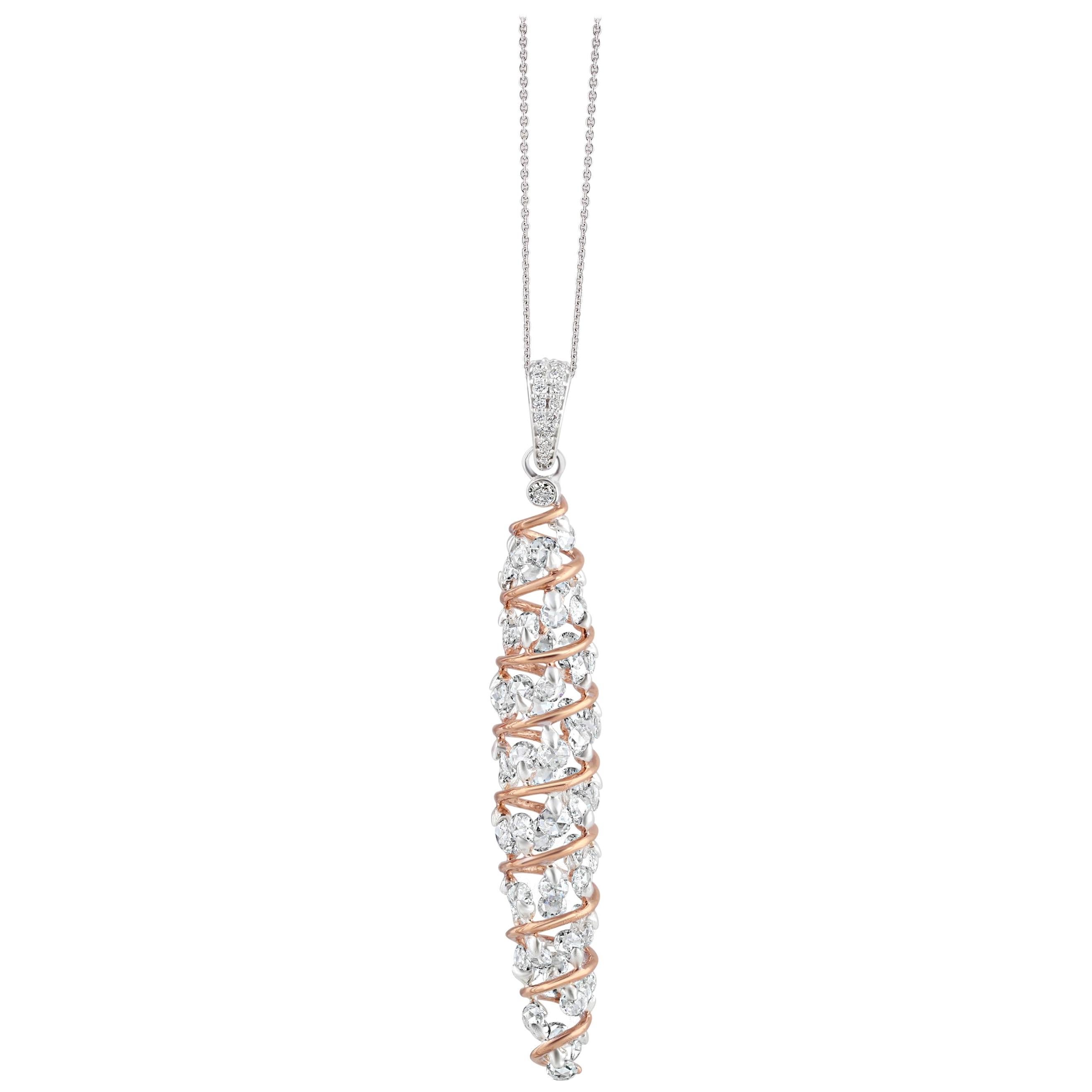 Studio Rêves Rose Cut Diamonds Spiral Pendant in 18 Karat White and Rose Gold For Sale