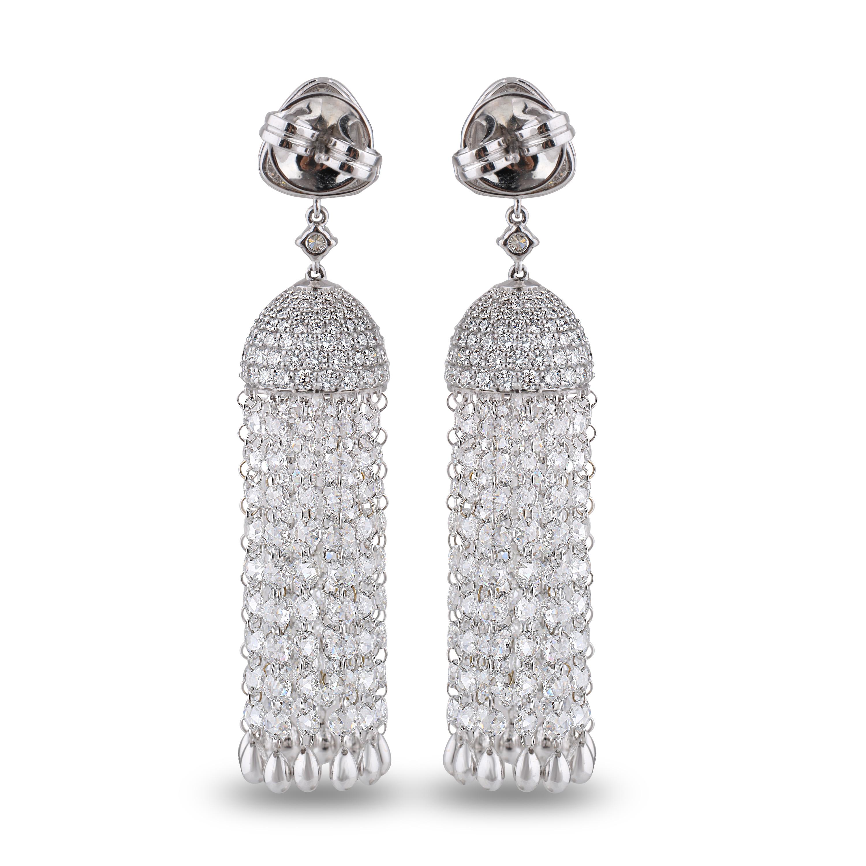 Studio Rêves Rose Cut Drill Diamond Dangling Waterfall Earrings in 18 Karat Gold For Sale 2