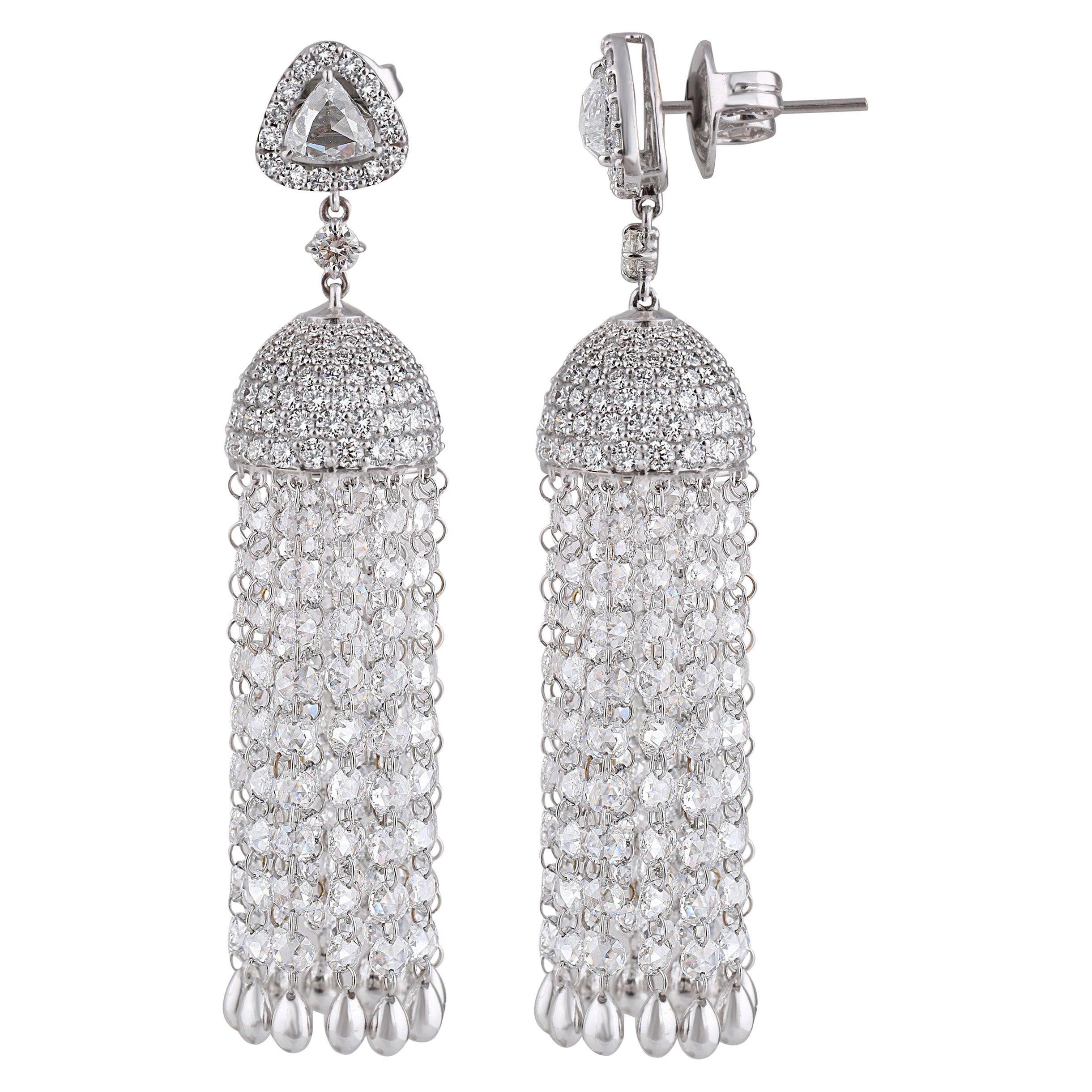 Studio Rêves Rose Cut Drill Diamond Dangling Waterfall Earrings in 18 Karat Gold For Sale