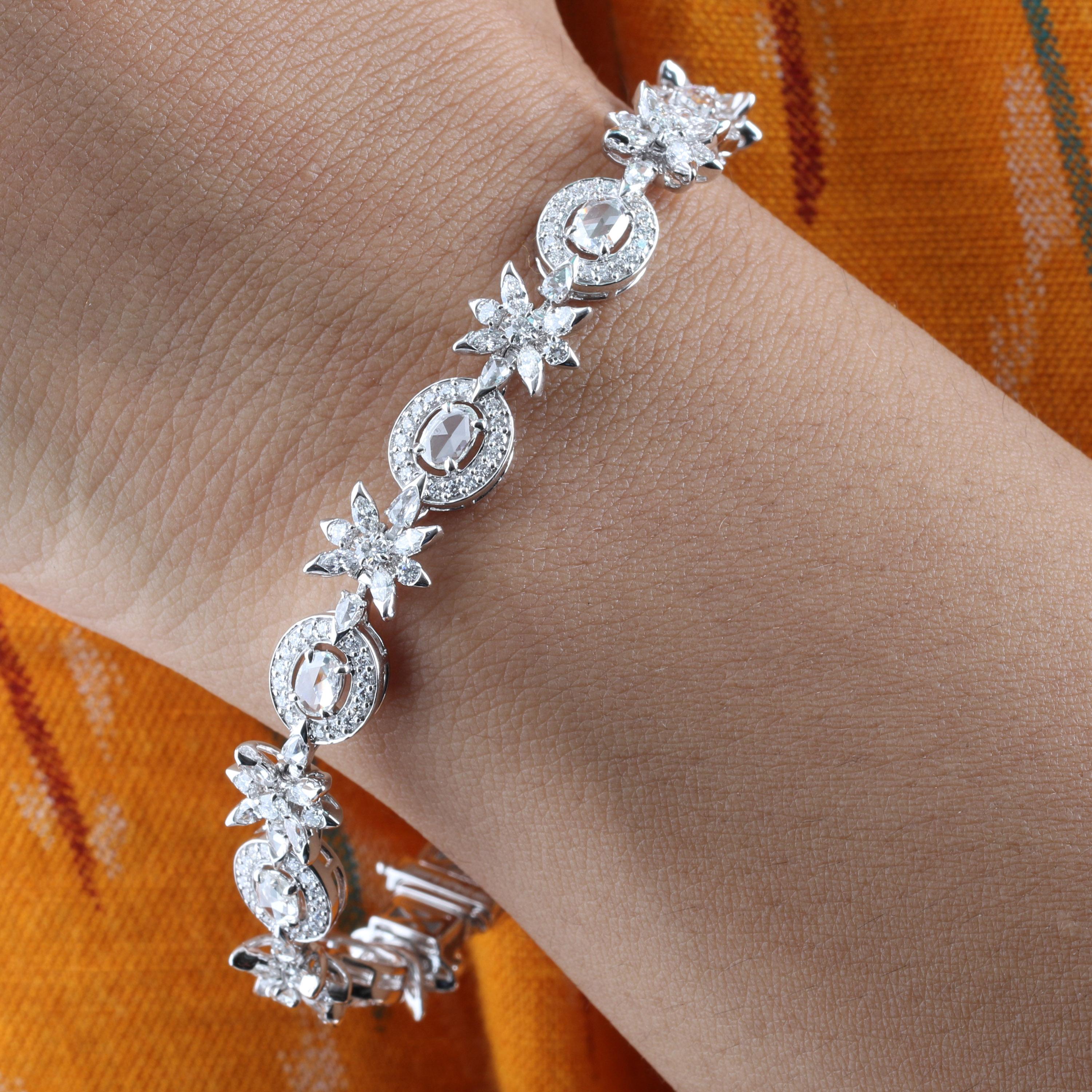 Gross Weight: 19.16 Grams
Diamond Weight: 5.21 cts
Size: 7.5 inches ( Length of Tennis Bracelet)
IGI Certification can be done on request.

Video of the product can be shared on request.

Paying homage to restrained opulence is this classic 18 Karat