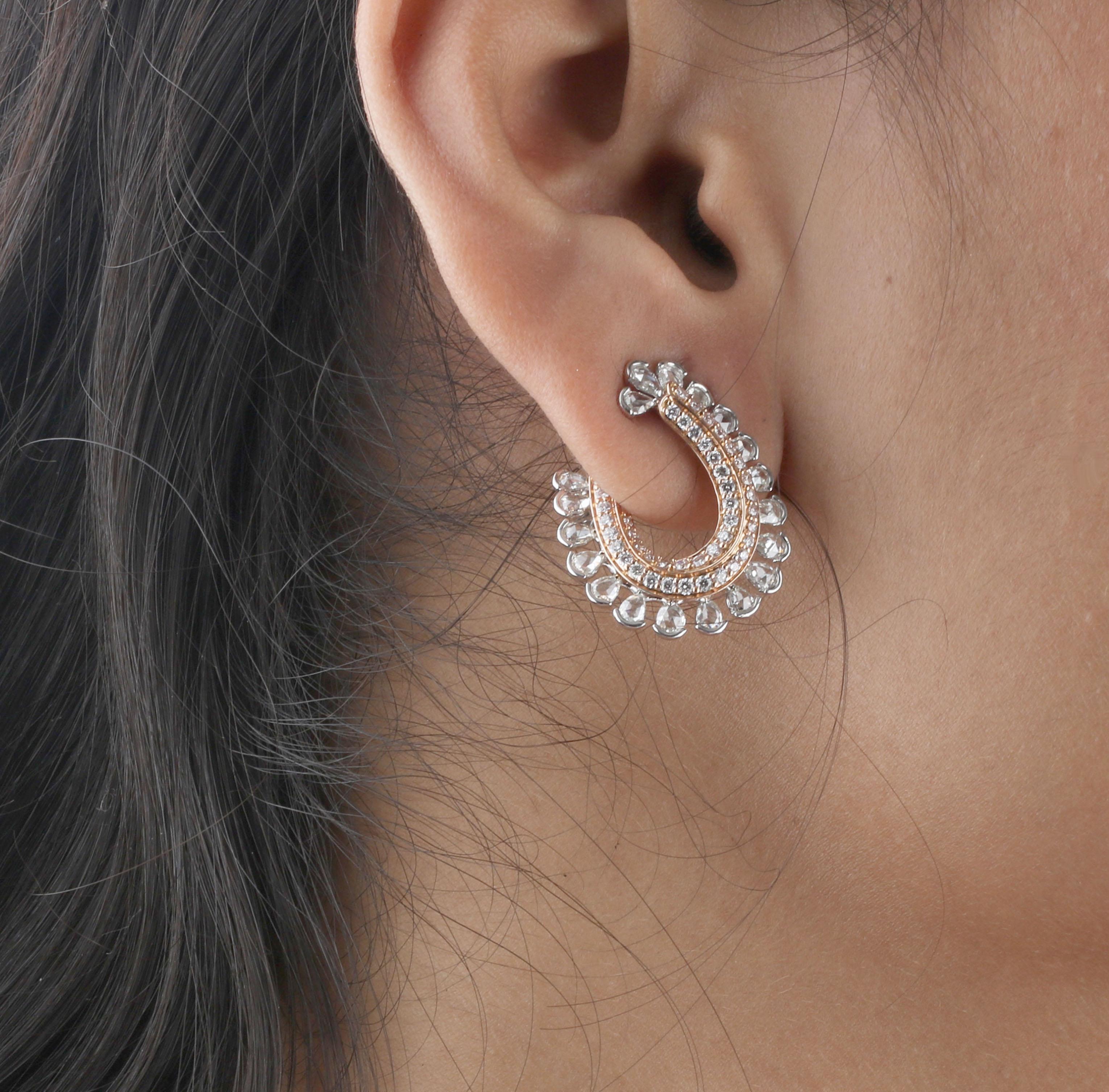 Contemporary Studio Rêves Rosecut and Brilliant Cut Diamond Hoop Earrings in 18 Karat Gold For Sale