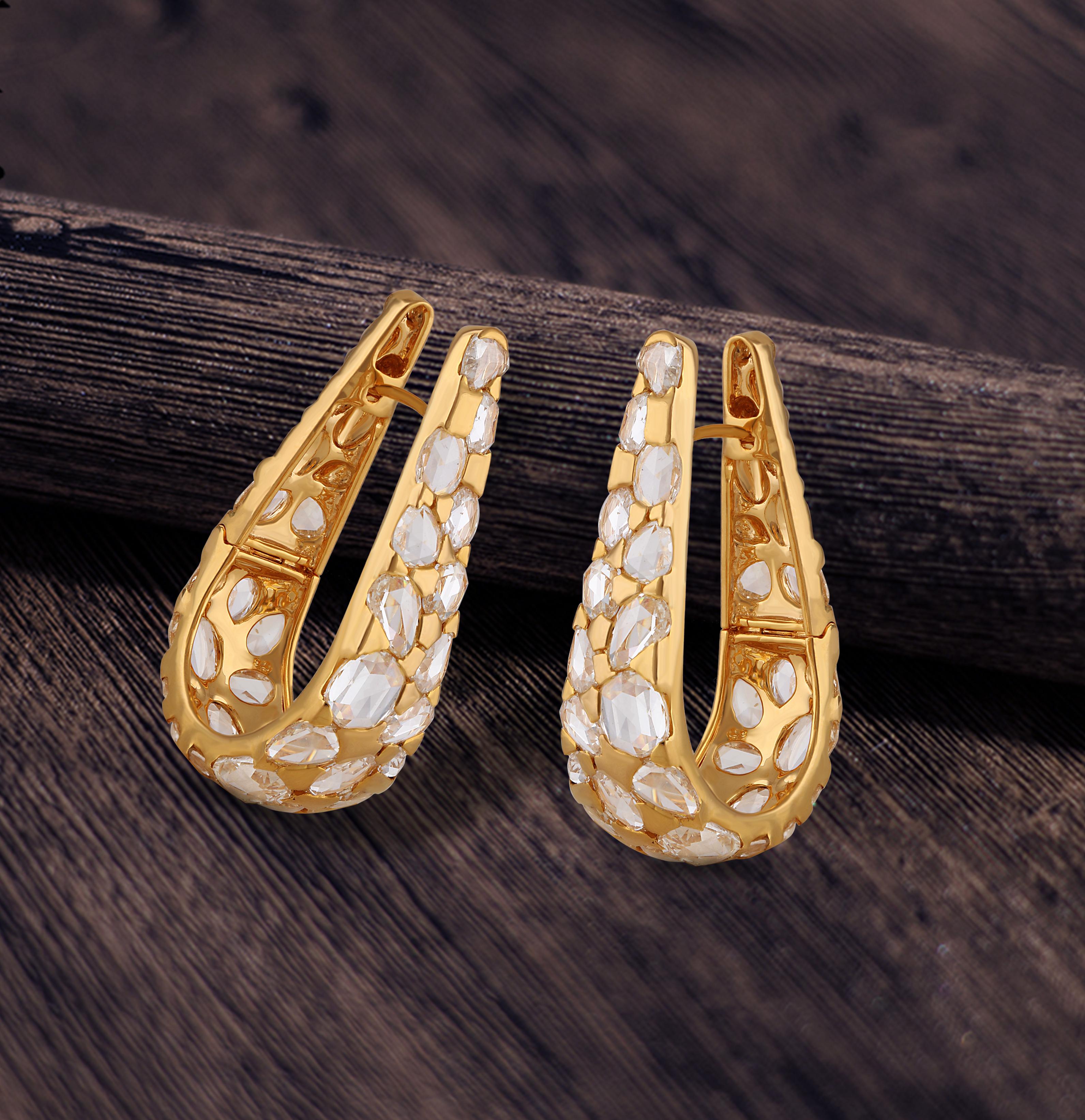Women's Studio Rêves Rosecut Diamond Hoops in 18 Karat Yellow Gold For Sale