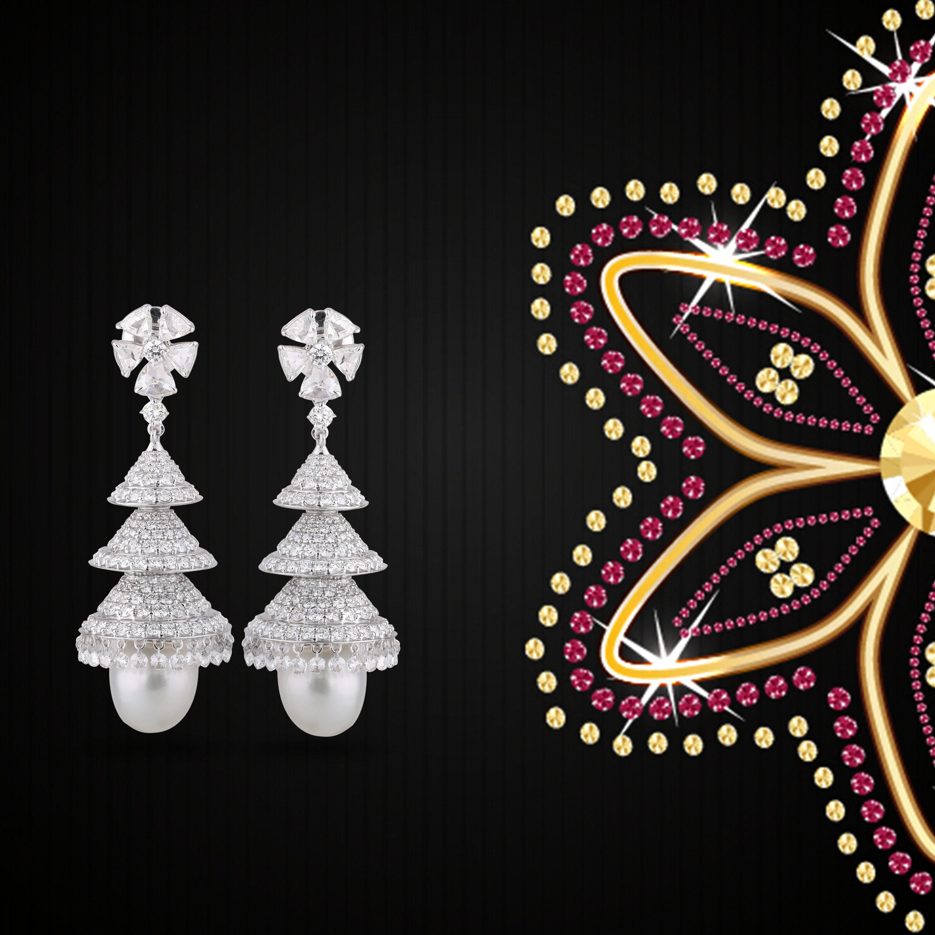 Studio Rêves Rosecut Diamonds and Pearl Chandelier Earrings in 18 Karat Gold For Sale 1