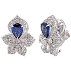 Studio Rêves Royal Blue Sapphire and Diamond Studs Earrings in 18k White Gold
