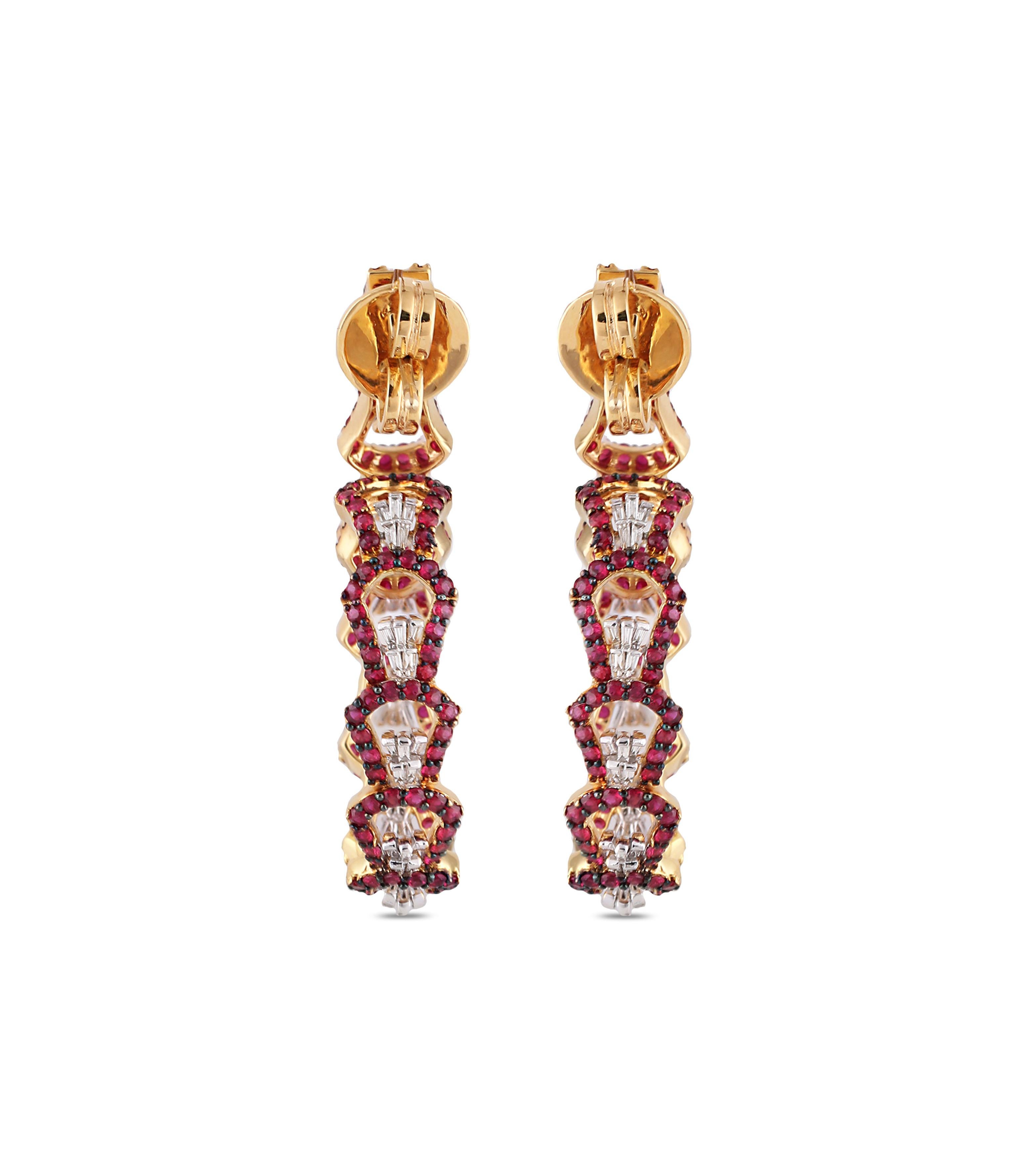 Women's Studio Rêves Rubies with Tapered Baguette Diamond Hoop Earrings in 18 Karat Gold For Sale