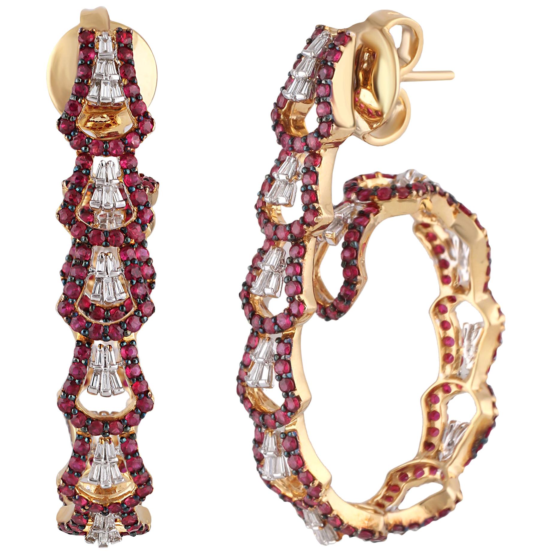 Studio Rêves Rubies with Tapered Baguette Diamond Hoop Earrings in 18 Karat Gold For Sale